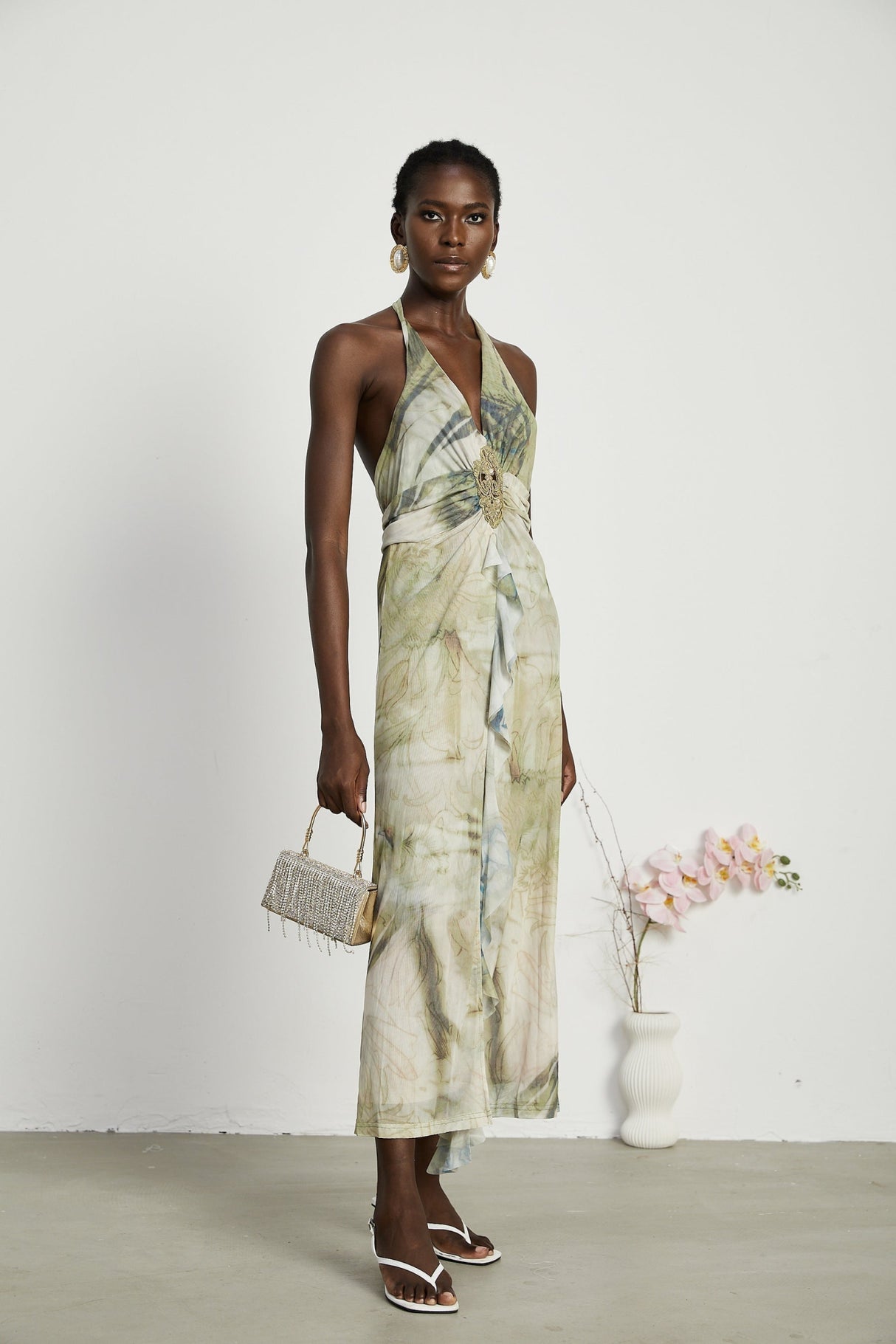 Luisa Midi Dress Green Ombre Halterneck Open Back Ruffled Trim