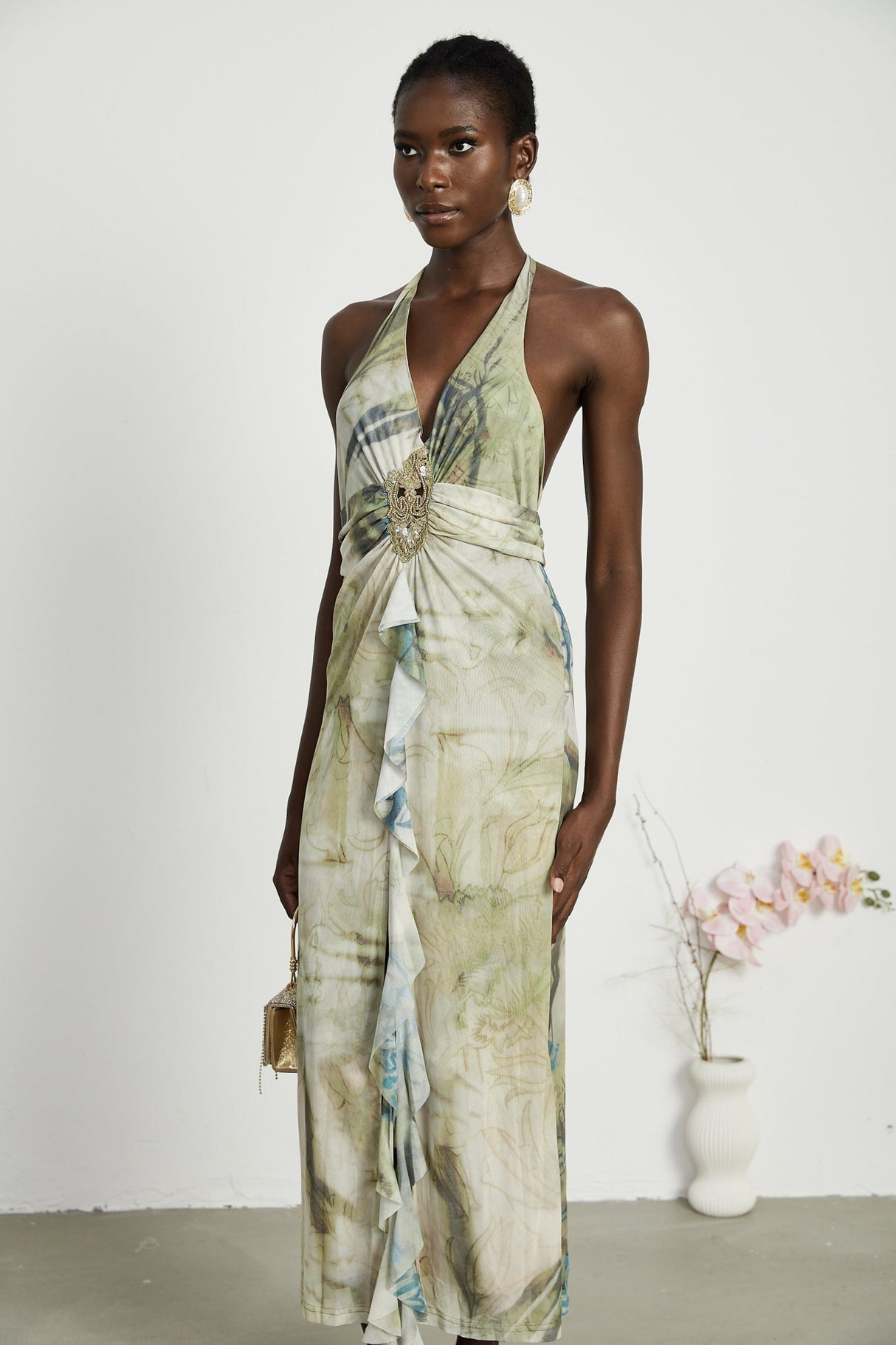 Luisa Midi Dress Green Ombre Halterneck Open Back Ruffled Trim