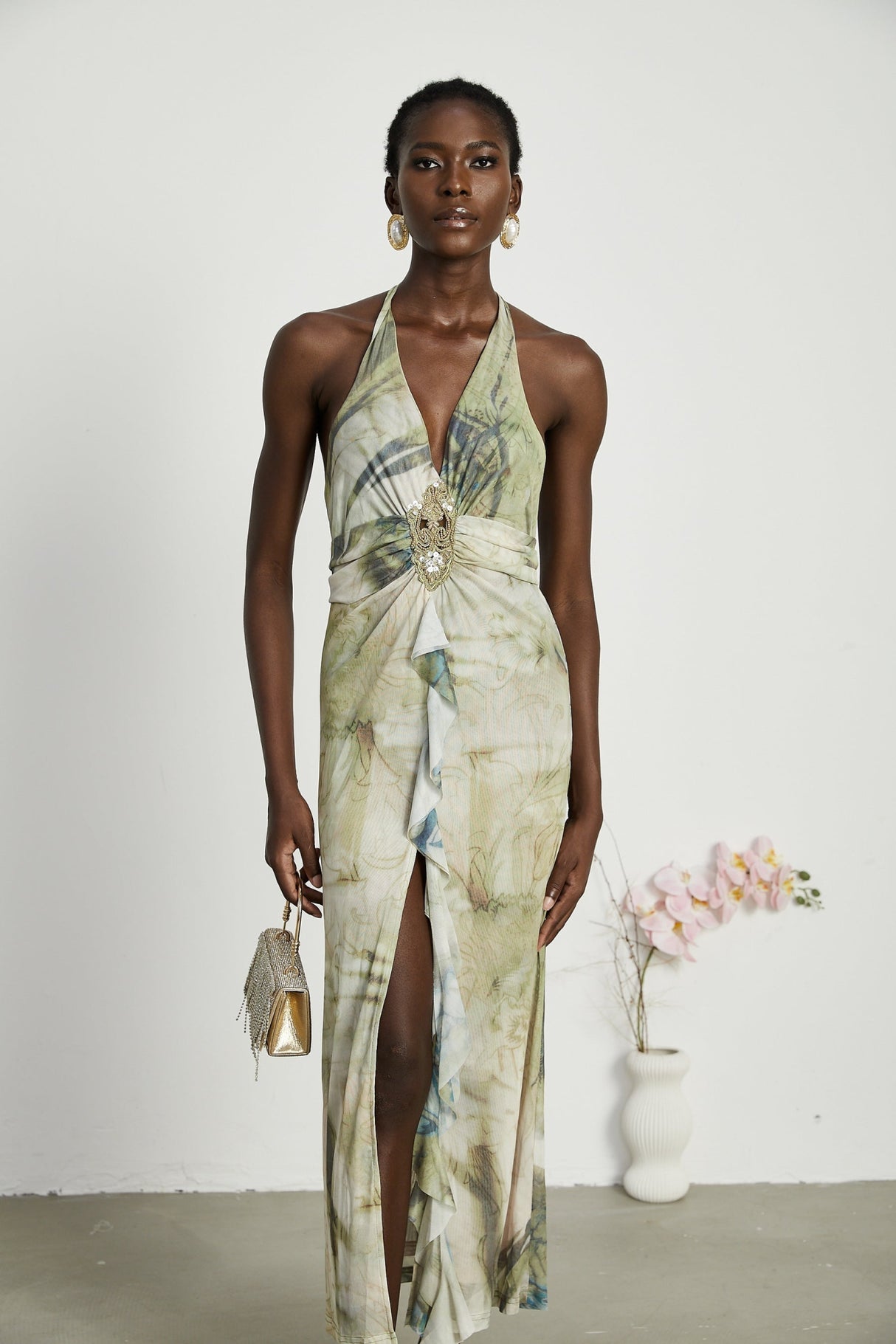 Luisa Midi Dress Green Ombre Halterneck Open Back Ruffled Trim