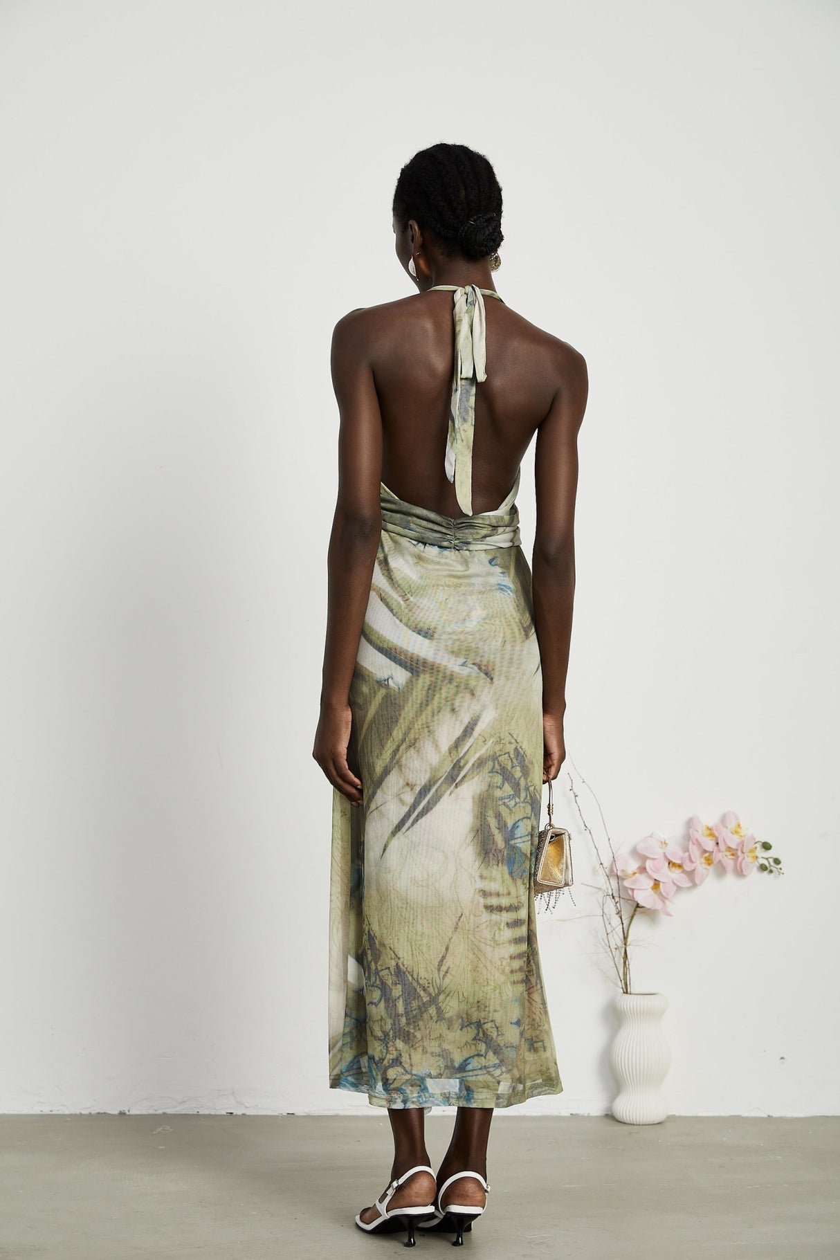 Luisa Midi Dress Green Ombre Halterneck Open Back Ruffled Trim