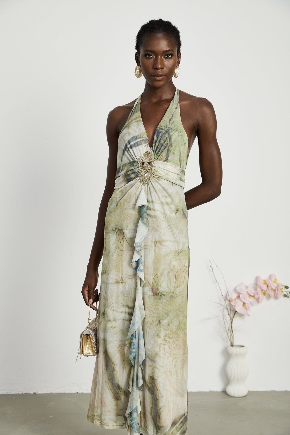 Luisa Midi Dress Green Ombre Halterneck Open Back Ruffled Trim