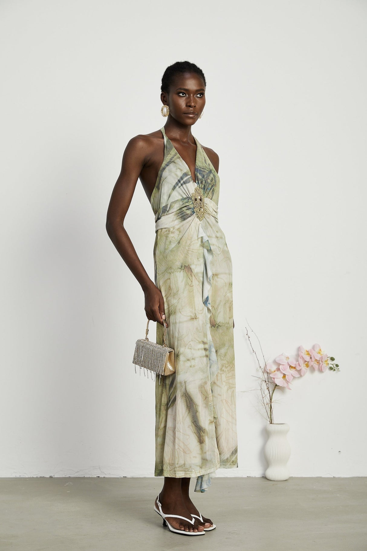 Luisa Midi Dress Green Ombre Halterneck Open Back Ruffled Trim