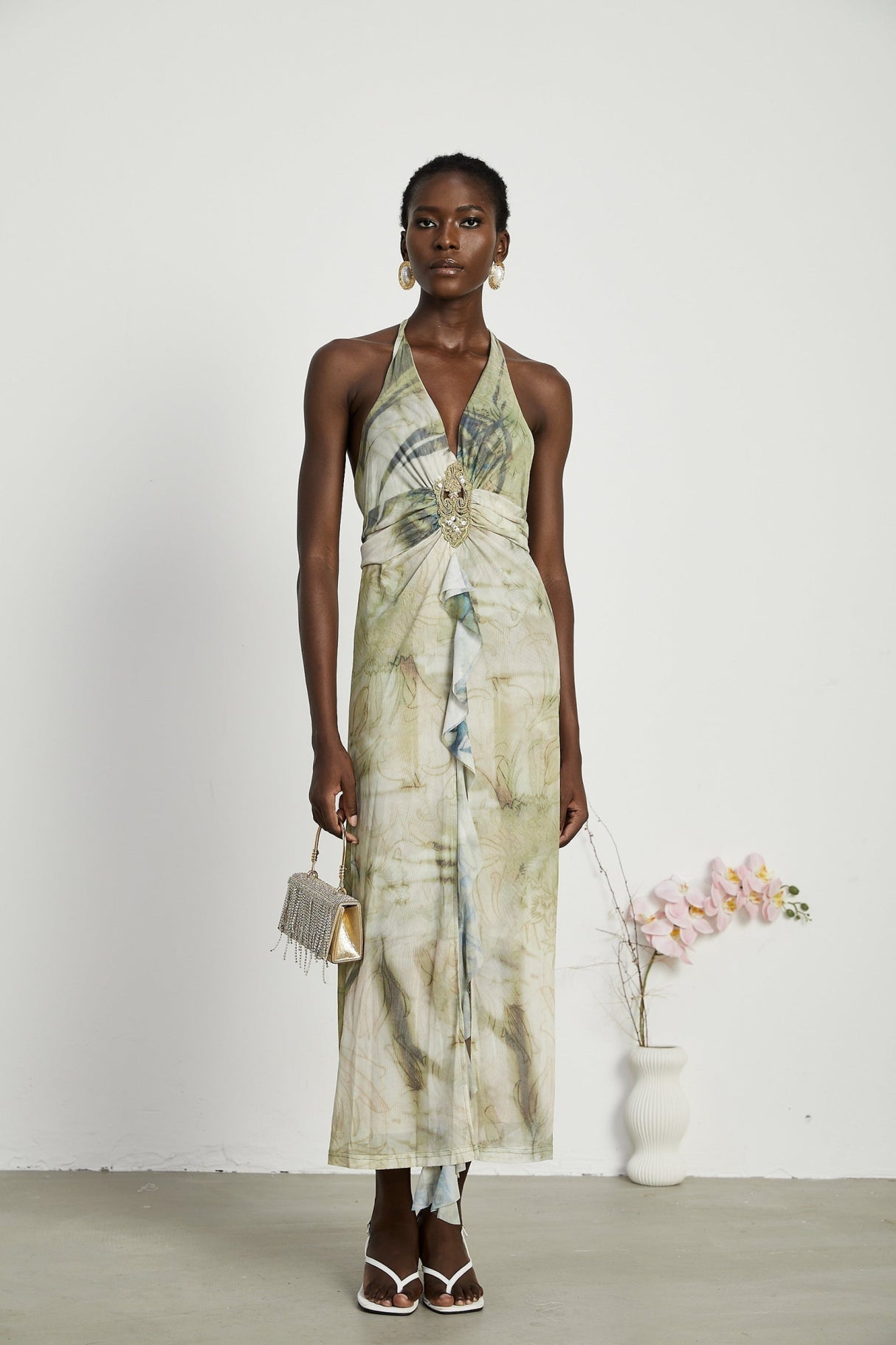 Luisa Midi Dress Green Ombre Halterneck Open Back Ruffled Trim