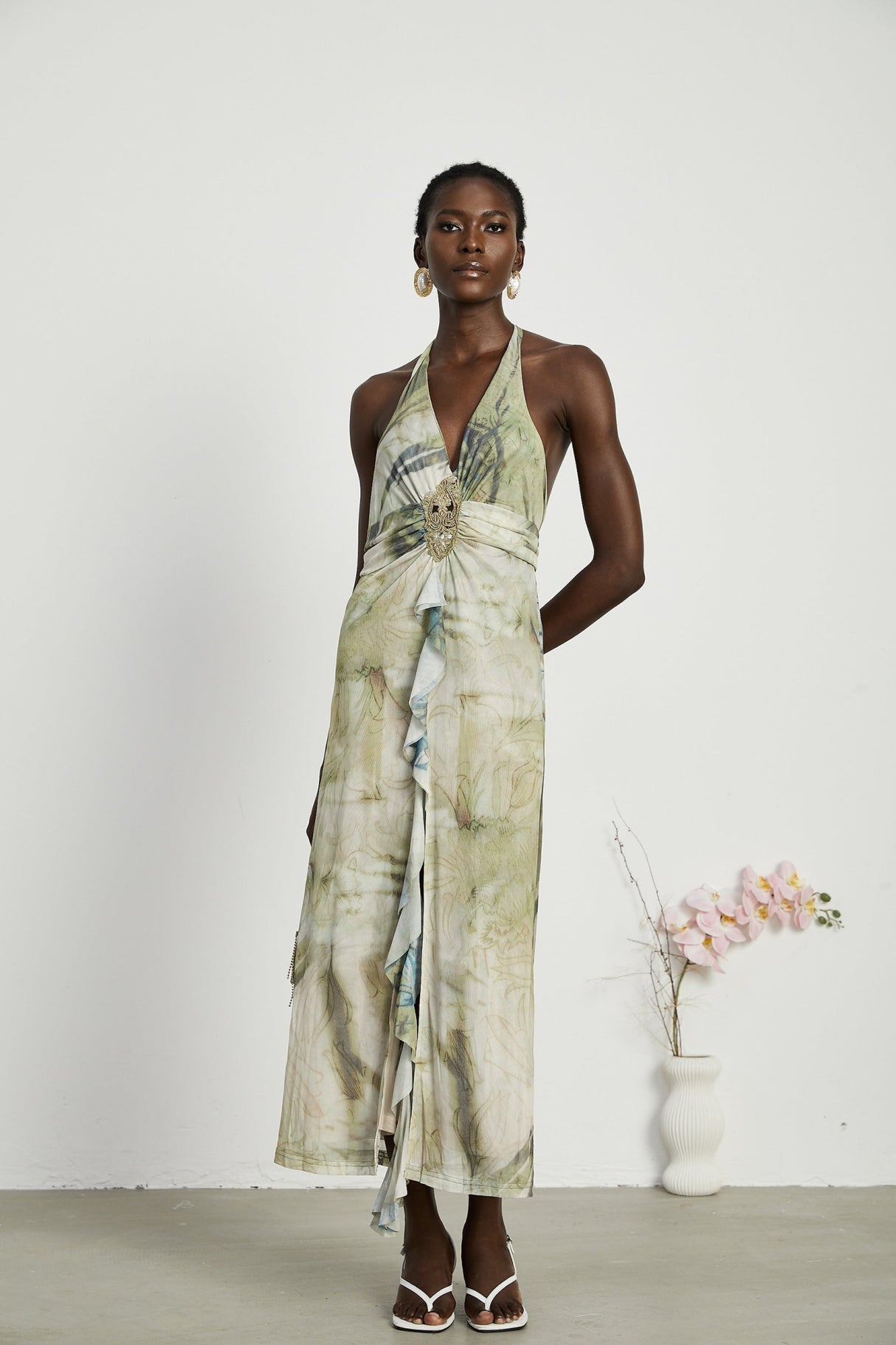 Luisa Midi Dress - Halterneck Tie - Ombre Print - Ruffled Trim - Open Back - Faux - Pearl Embellishment