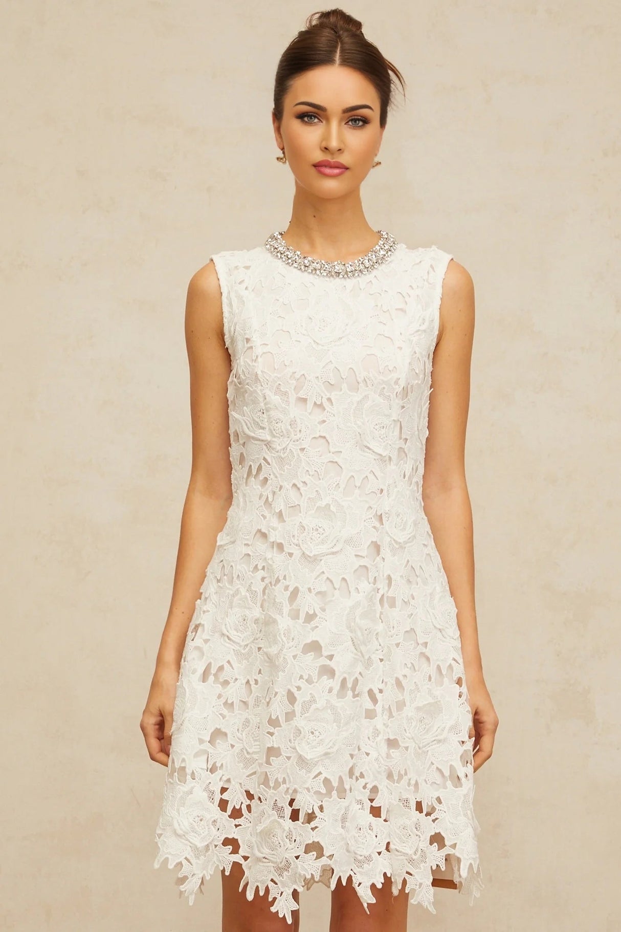 Luisa Mini Dress White Lace Embellished Scallop Hem & Crystal Detail