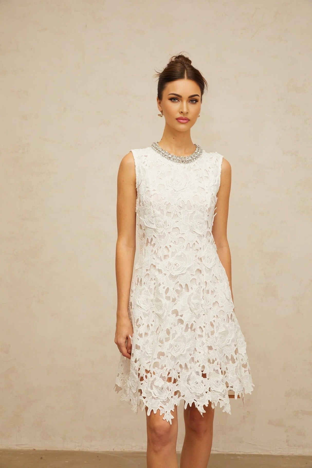 Luisa Mini Dress White Lace Embellished Scallop Hem & Crystal Detail