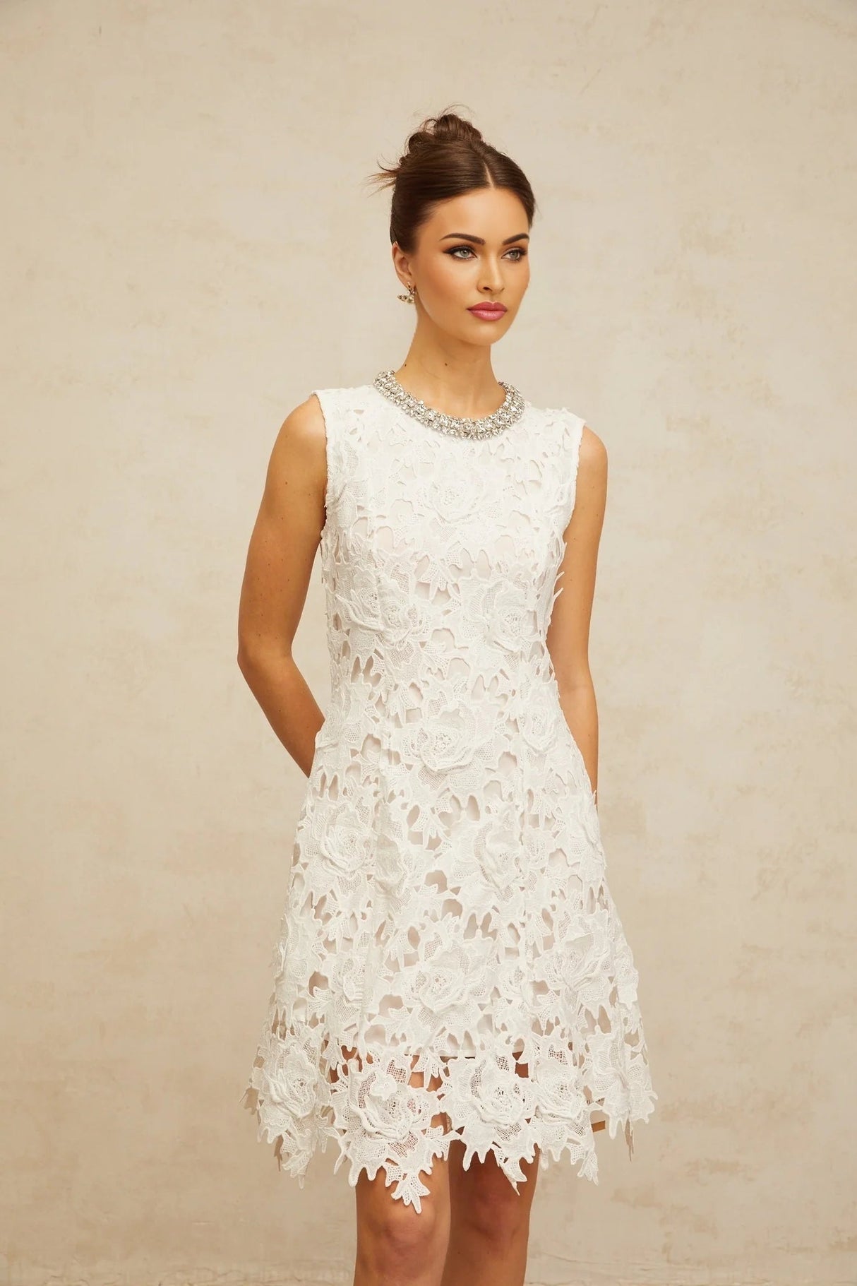 Luisa Mini Dress White Lace Embellished Scallop Hem & Crystal Detail