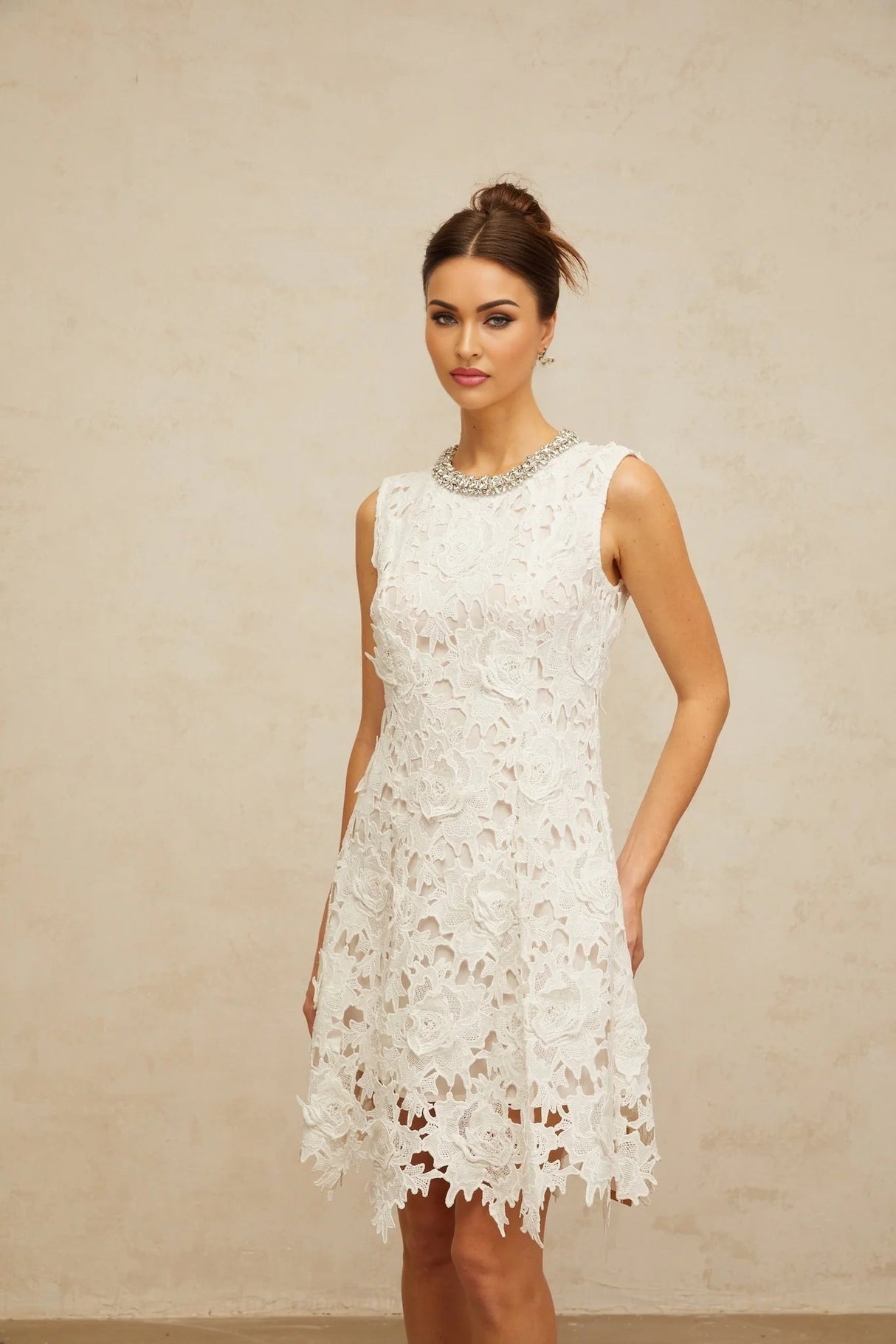 Luisa Mini Dress White Lace Embellished Scallop Hem & Crystal Detail