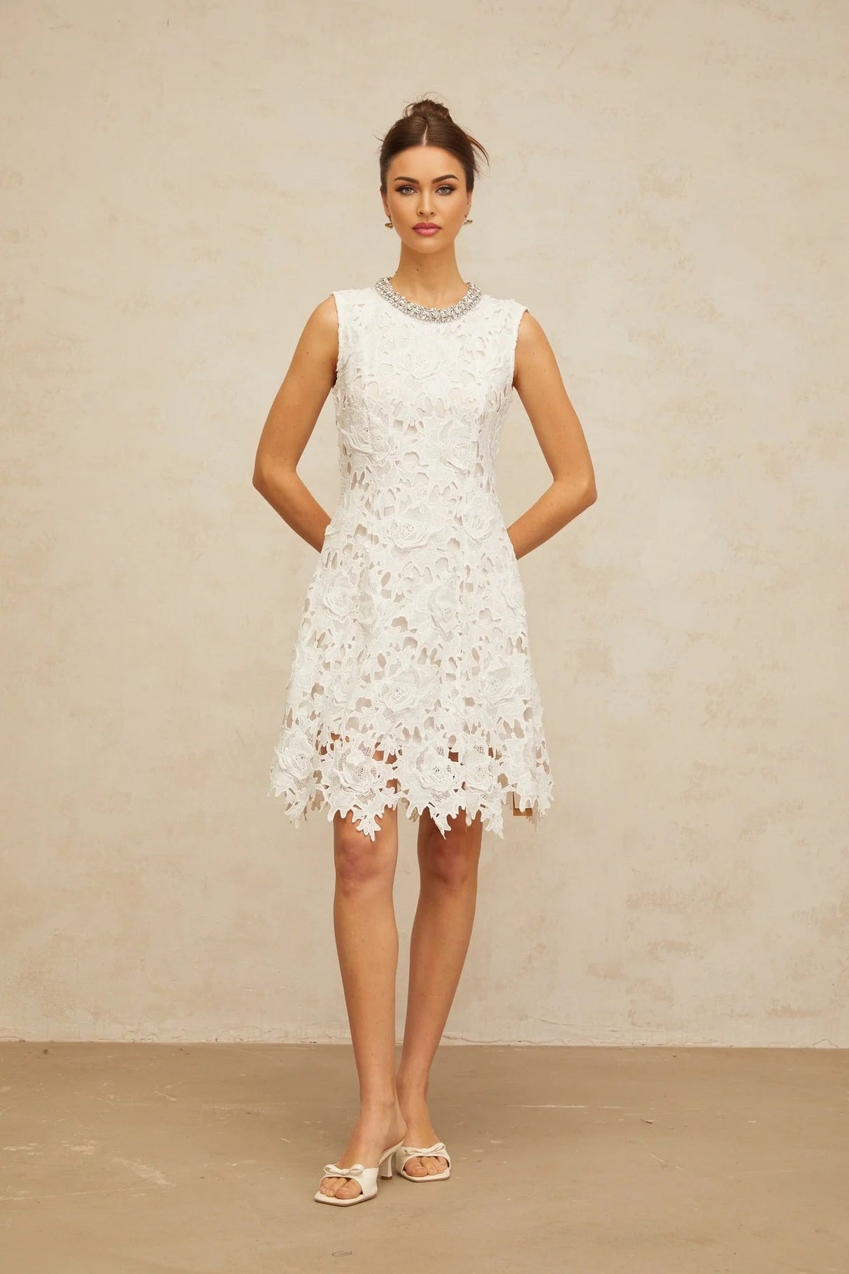 Luisa Mini Dress White Lace Embellished Scallop Hem & Crystal Detail