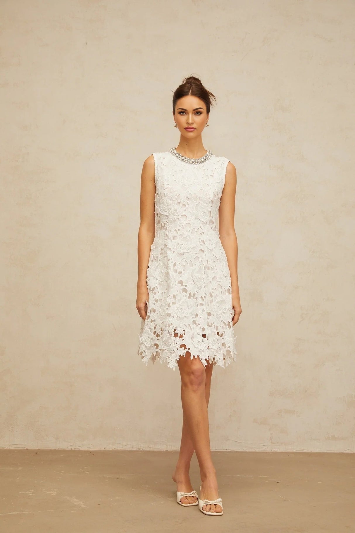 Luisa Mini Dress White Lace Embellished Scallop Hem & Crystal Detail