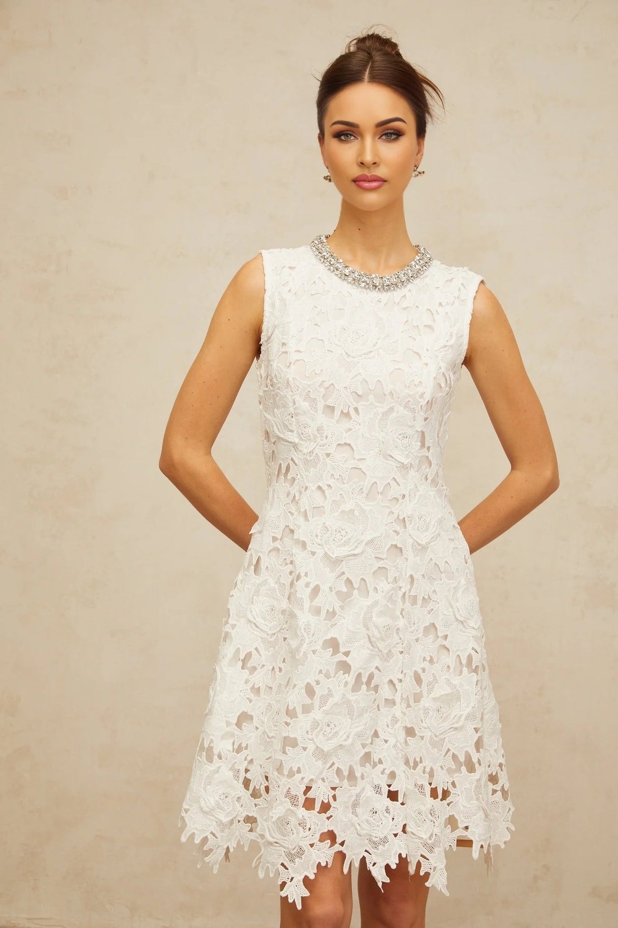 Luisa Mini Dress White Lace Embellished Scallop Hem & Crystal Detail