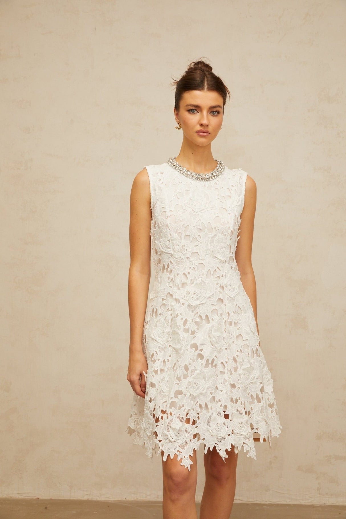 Luisa Mini Dress White Lace Embellished Scallop Hem & Crystal Detail