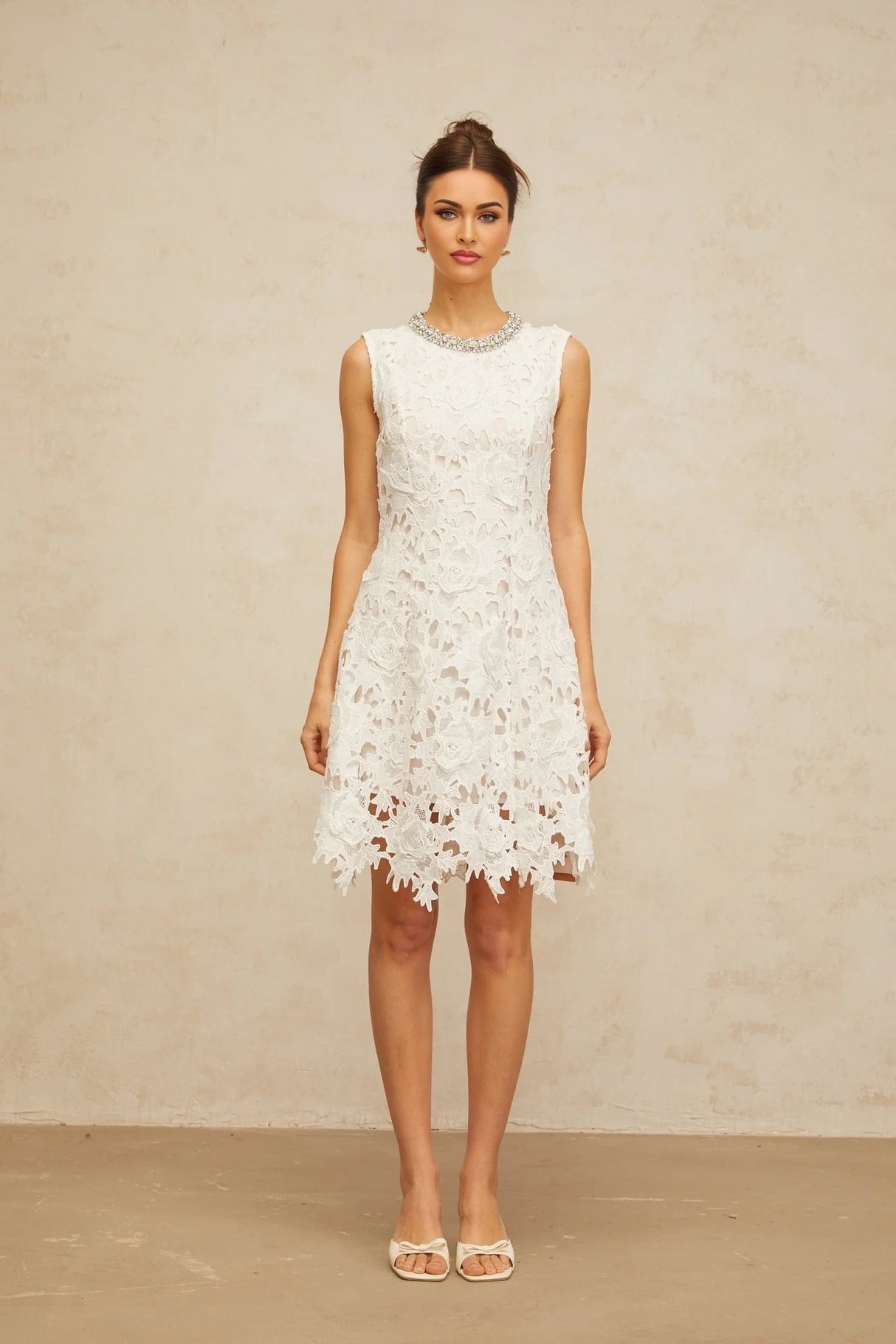 Luisa Mini Dress White Lace Embellished Scallop Hem & Crystal Detail