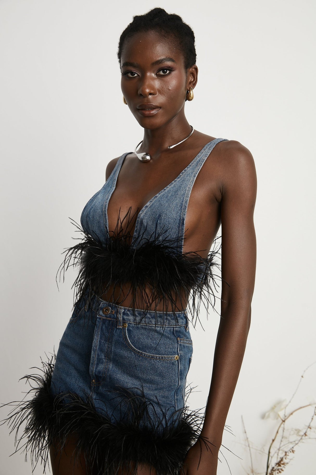 Luna Feather - Trimmed Cropped Top and Denim Skirt Set