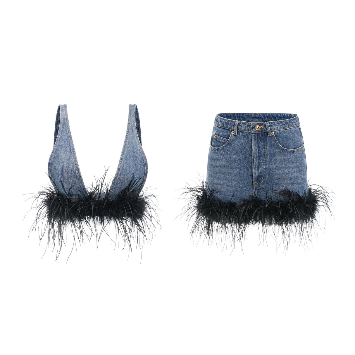Luna Feather - Trimmed Cropped Top and Denim Skirt Set