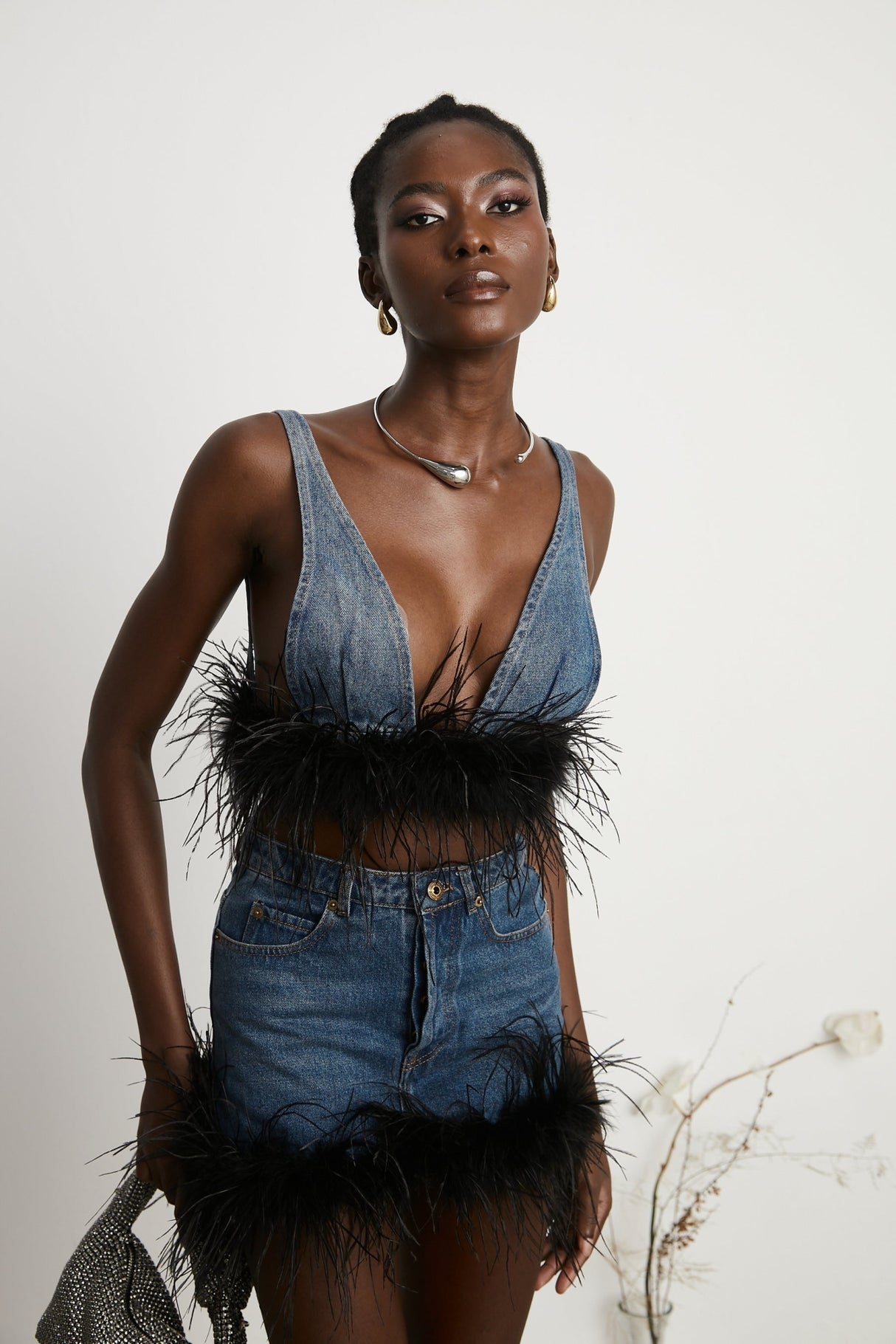 Luna Feather - Trimmed Cropped Top and Denim Skirt Set