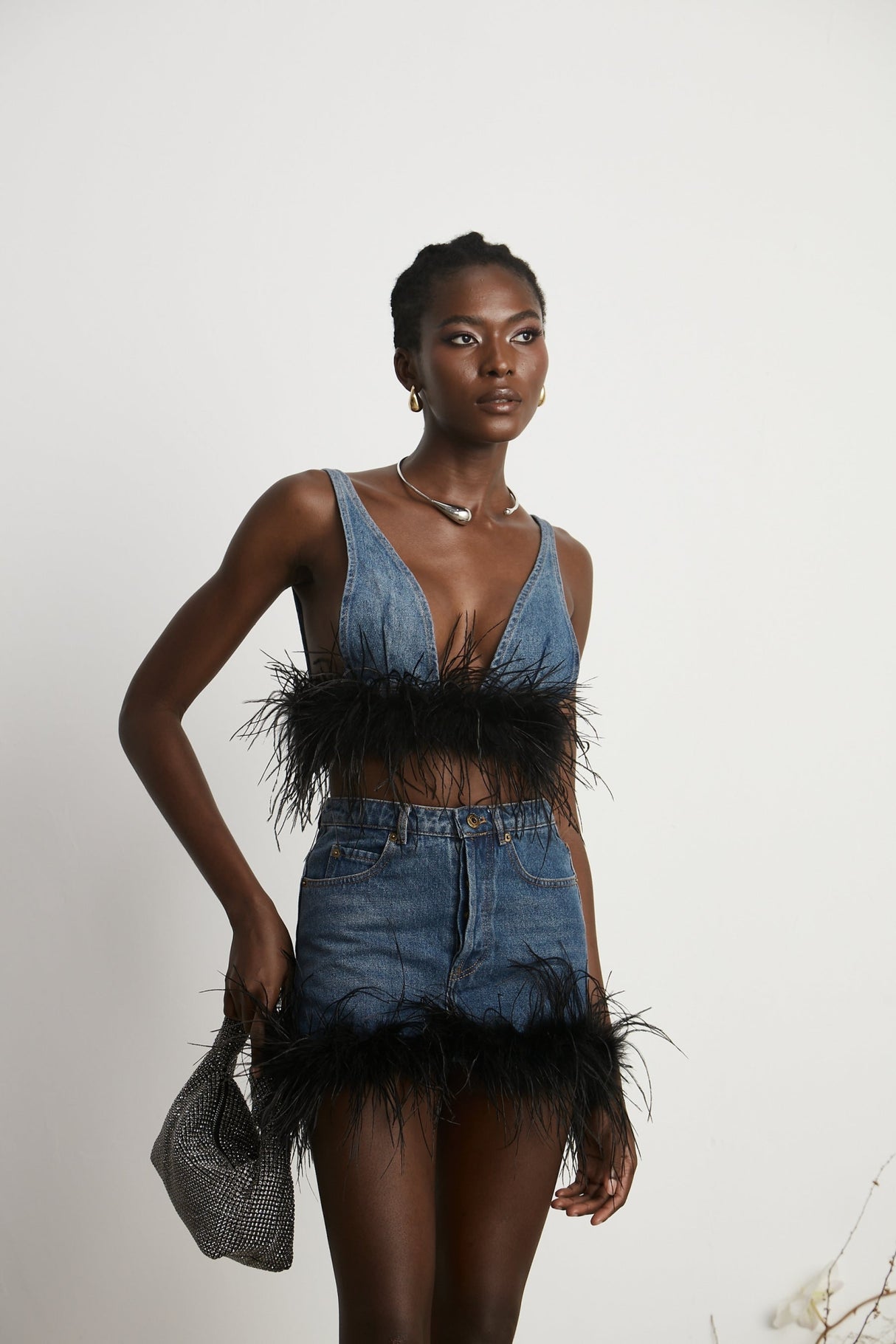Luna Feather - Trimmed Cropped Top and Denim Skirt Set