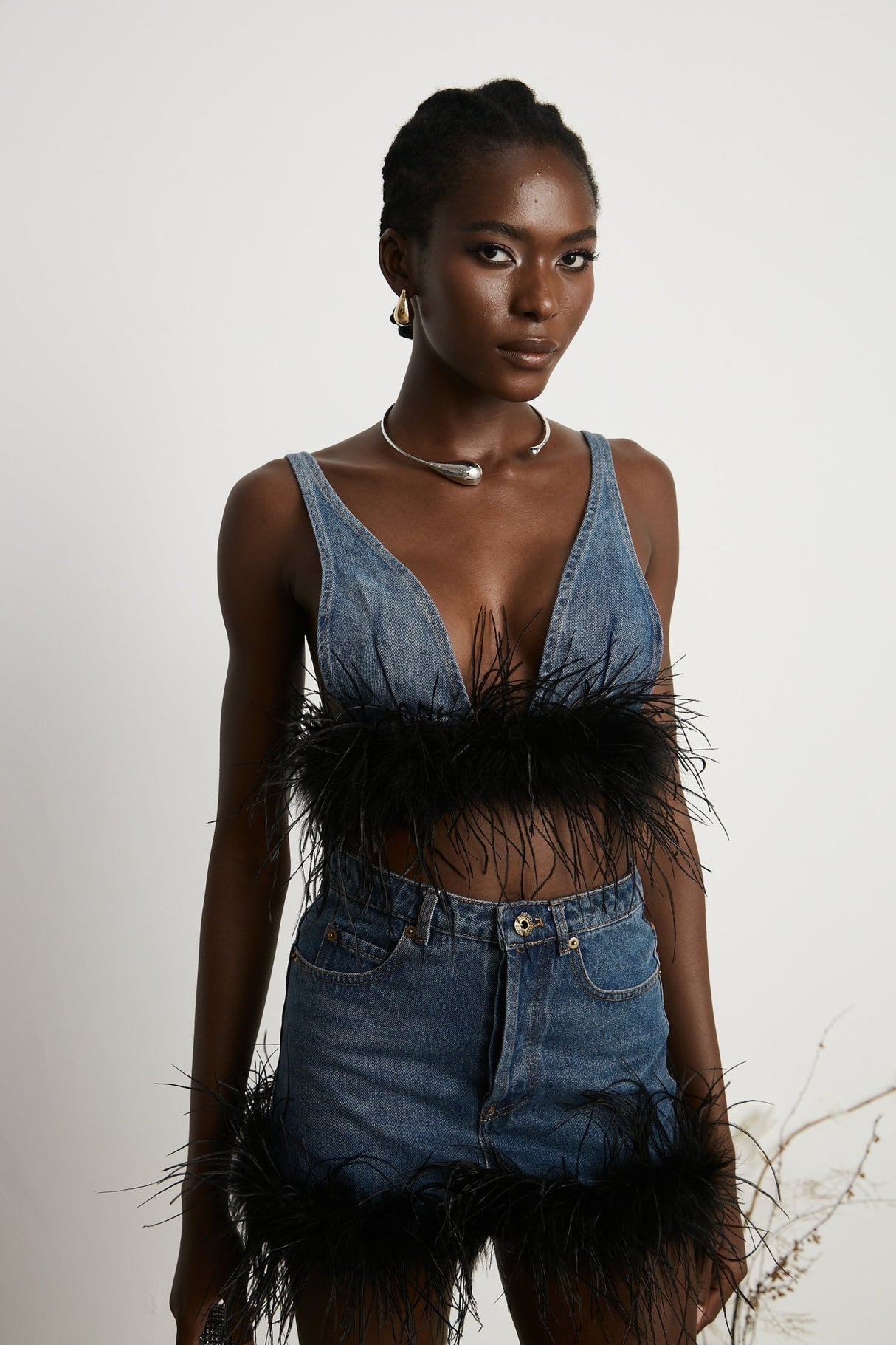 Luna Feather - Trimmed Cropped Top and Denim Skirt Set