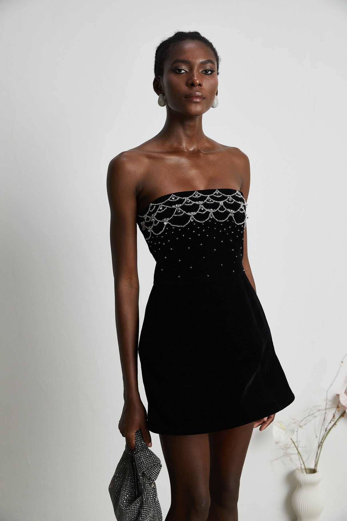 Lylah Mini Dress Black Velvet Offthe Shoulder Crystal Embellished