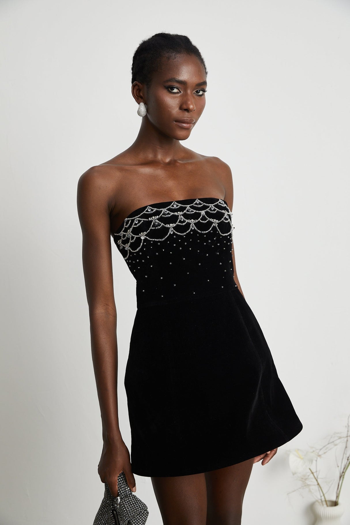 Lylah Mini Dress Black Velvet Offthe Shoulder Crystal Embellished