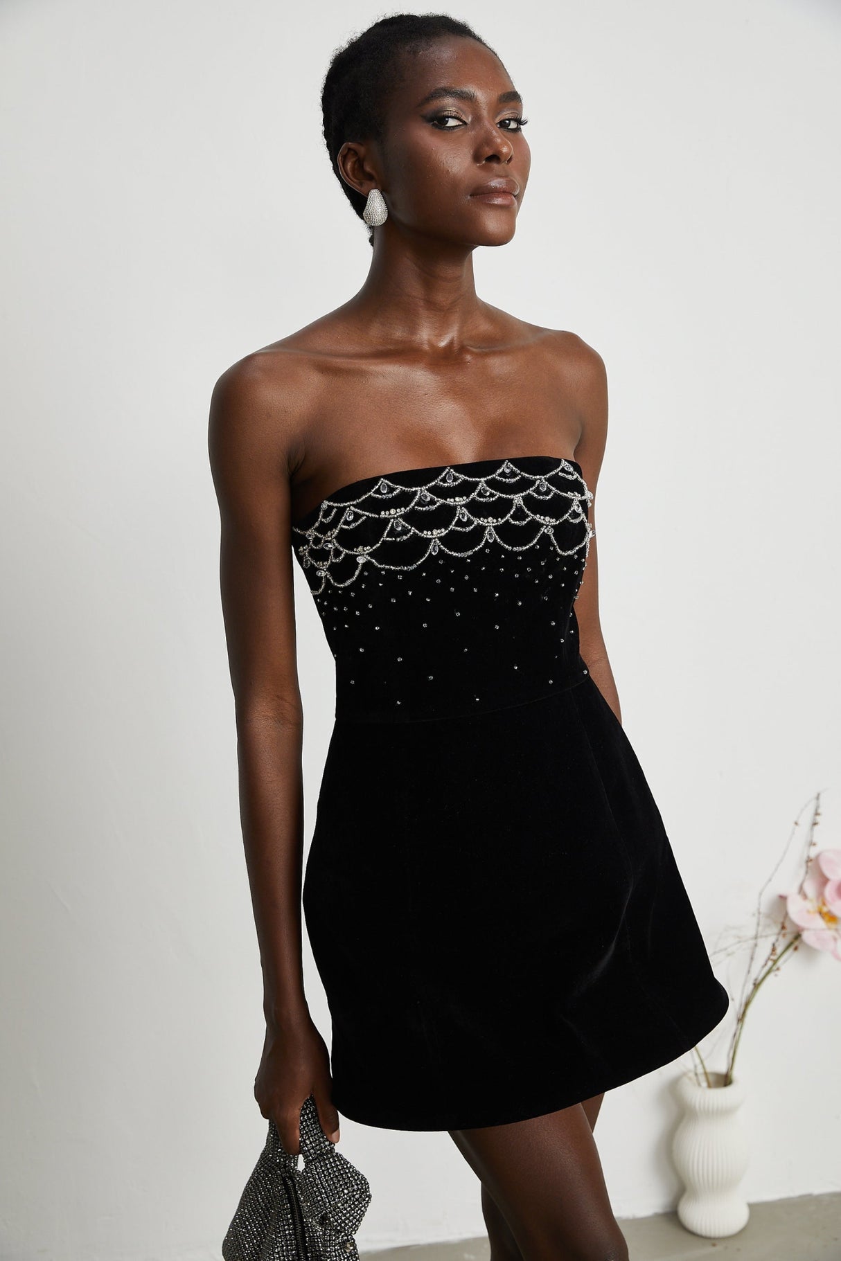 Lylah Mini Dress Black Velvet Offthe Shoulder Crystal Embellished