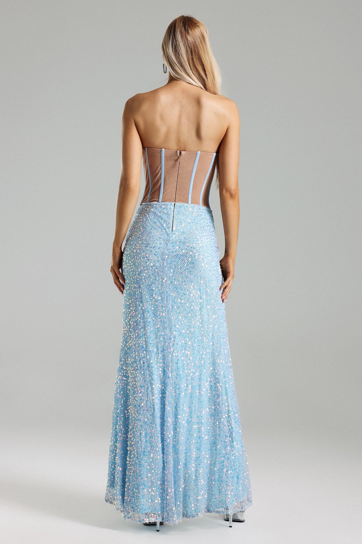 Mabel Blue Sequin Cowl Neck Dress with Daring Slit and Mesh Detailing