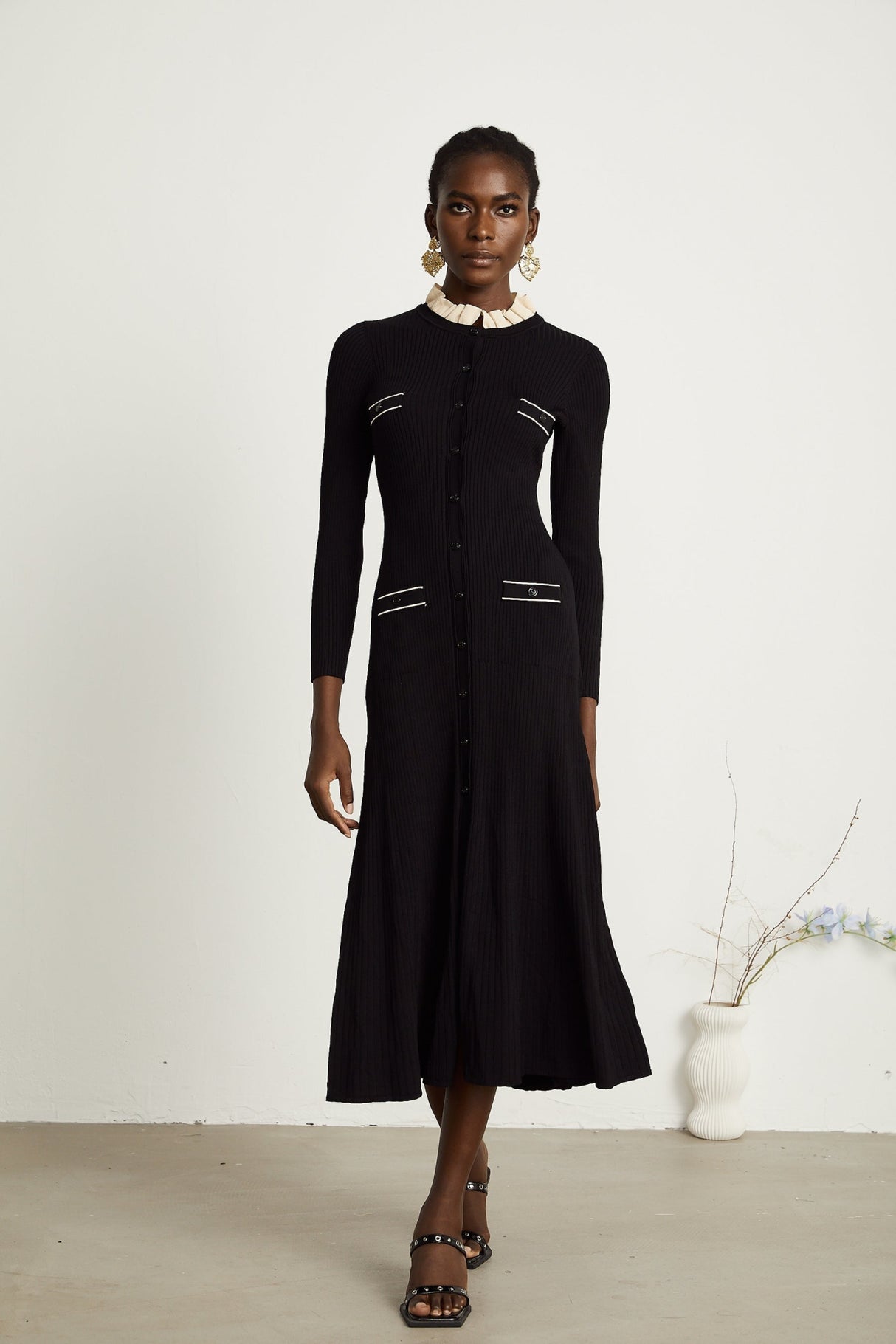 Mabel Midi Dress Black Knit Ruffled Neck Pockets ALine