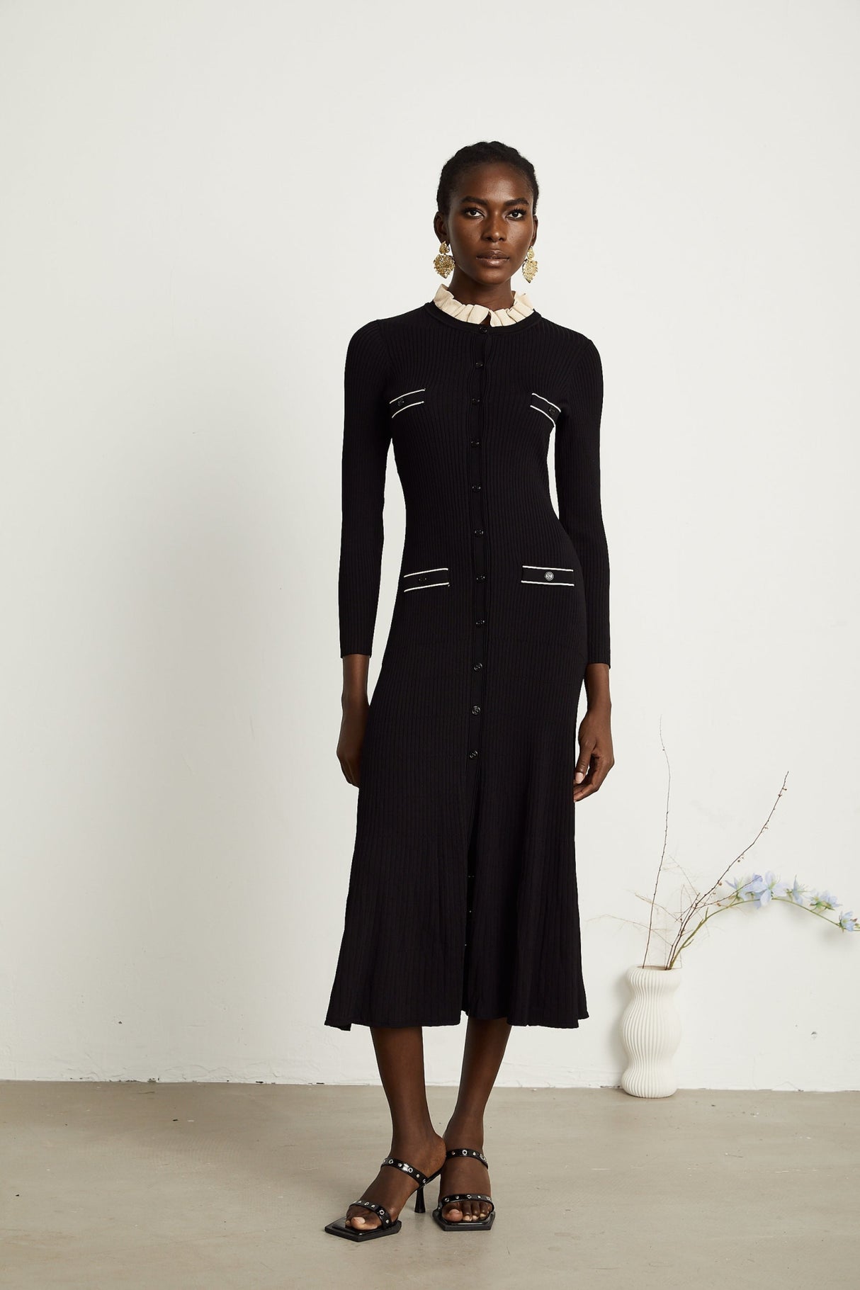 Mabel Midi Dress Black Knit Ruffled Neck Pockets ALine