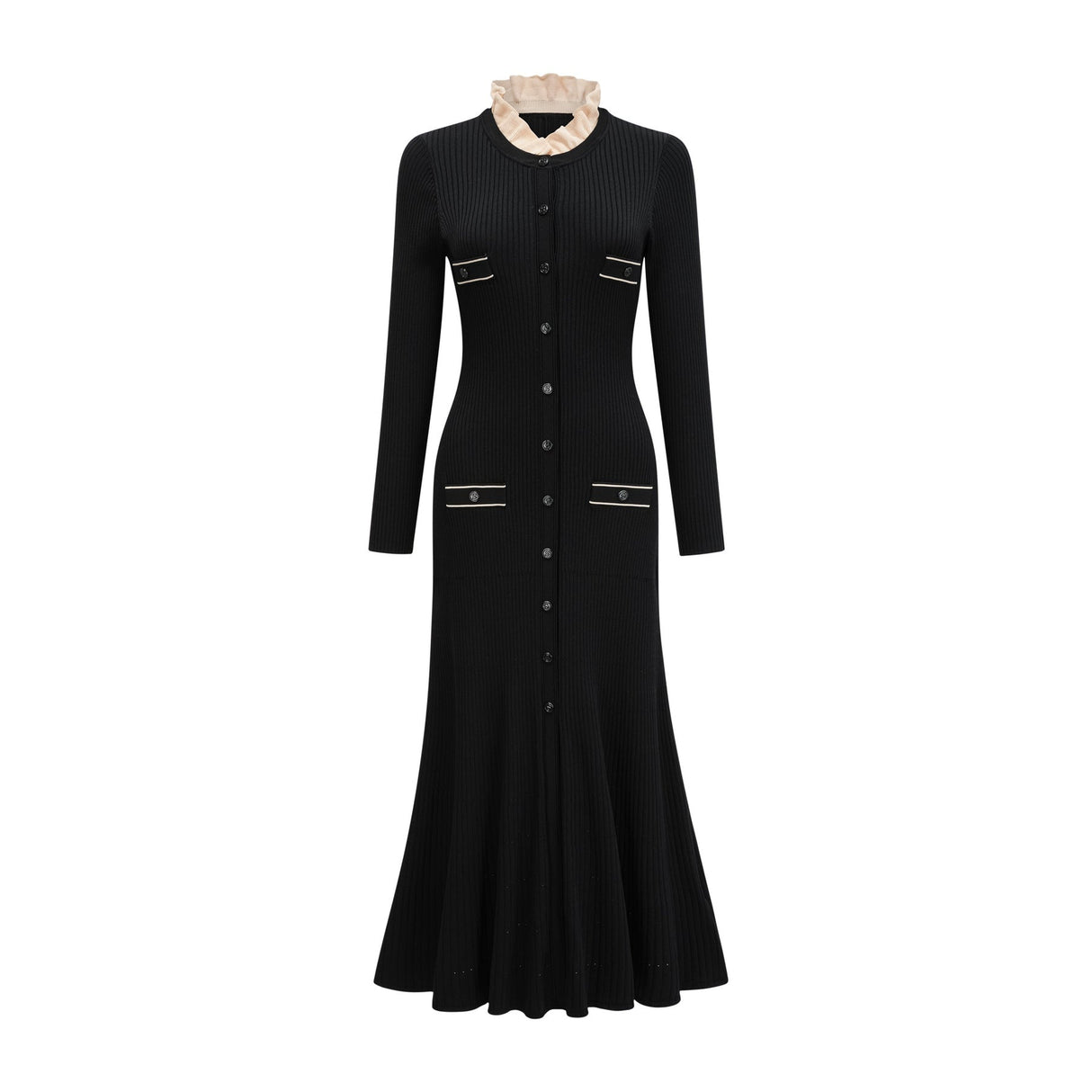 Mabel Midi Dress Black Knit Ruffled Neck Pockets ALine