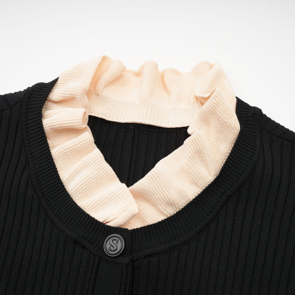 Mabel Midi Dress Black Knit Ruffled Neck Pockets ALine