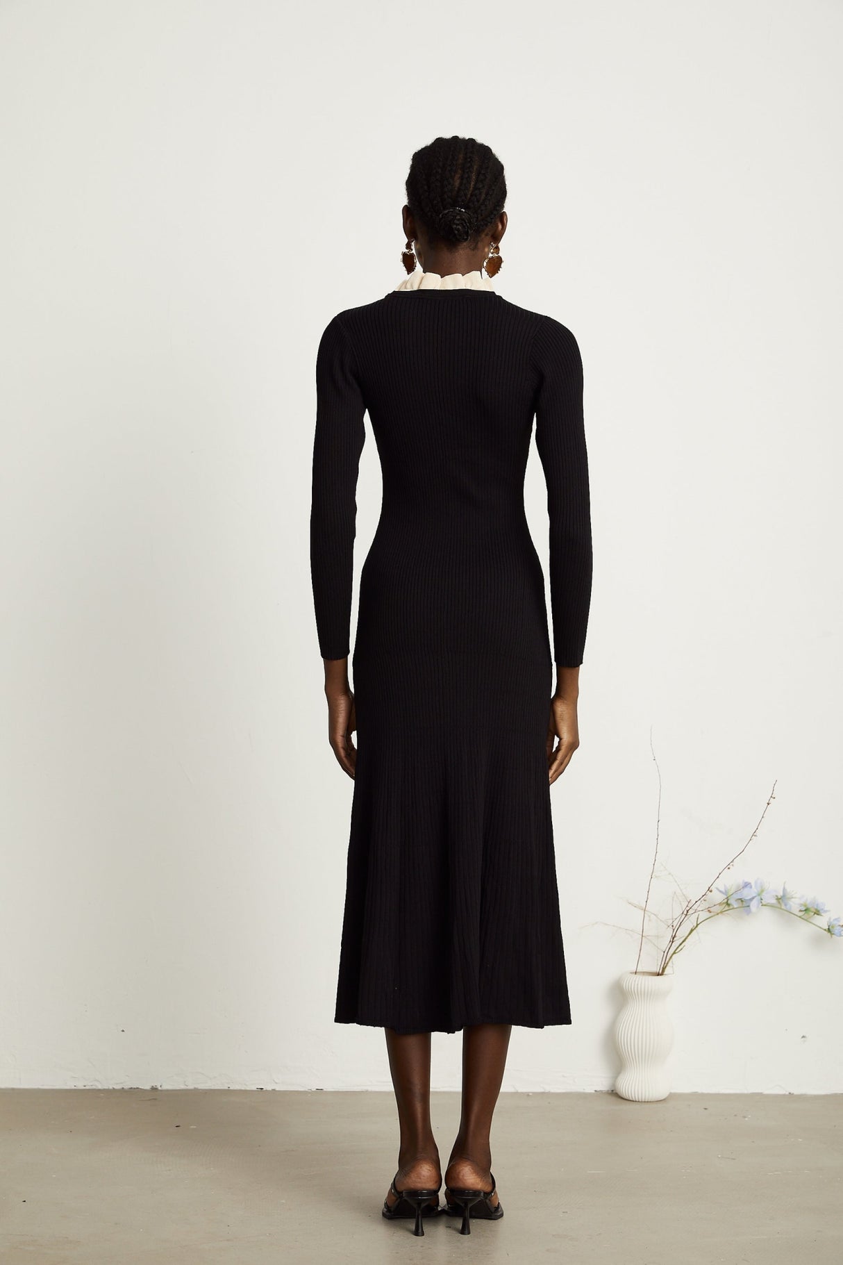 Mabel Midi Dress Black Knit Ruffled Neck Pockets ALine