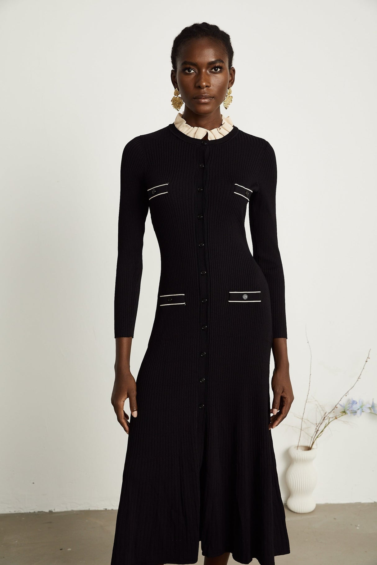 Mabel Midi Dress Black Knit Ruffled Neck Pockets ALine