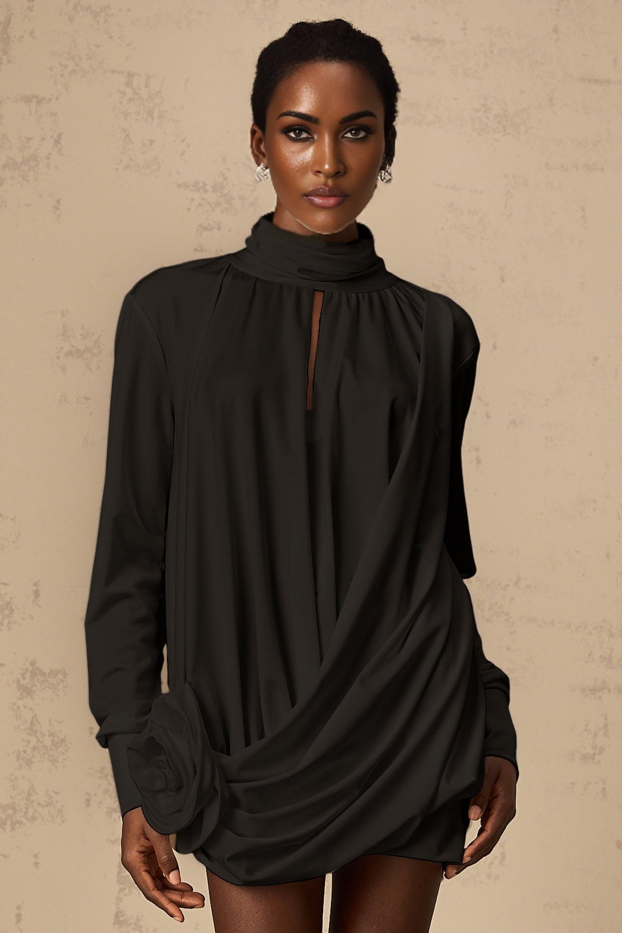 Mabel Mini Dress Black Faux Flower Ruched Cut Out & Buttoned