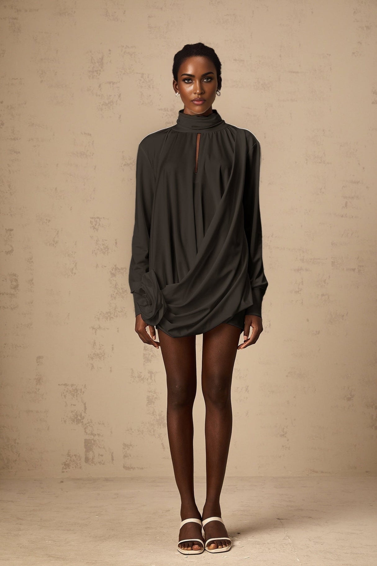 Mabel Mini Dress Black Faux Flower Ruched Cut Out & Buttoned