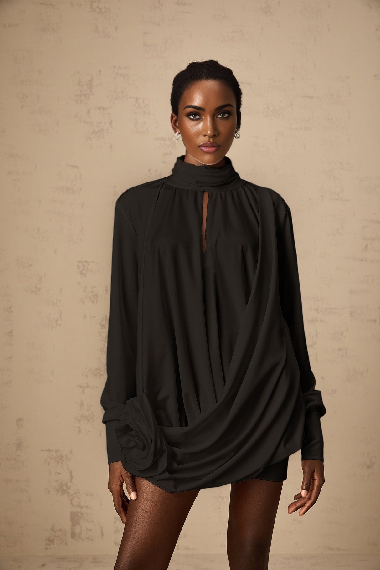 Mabel Mini Dress Black Faux Flower Ruched Cut Out & Buttoned