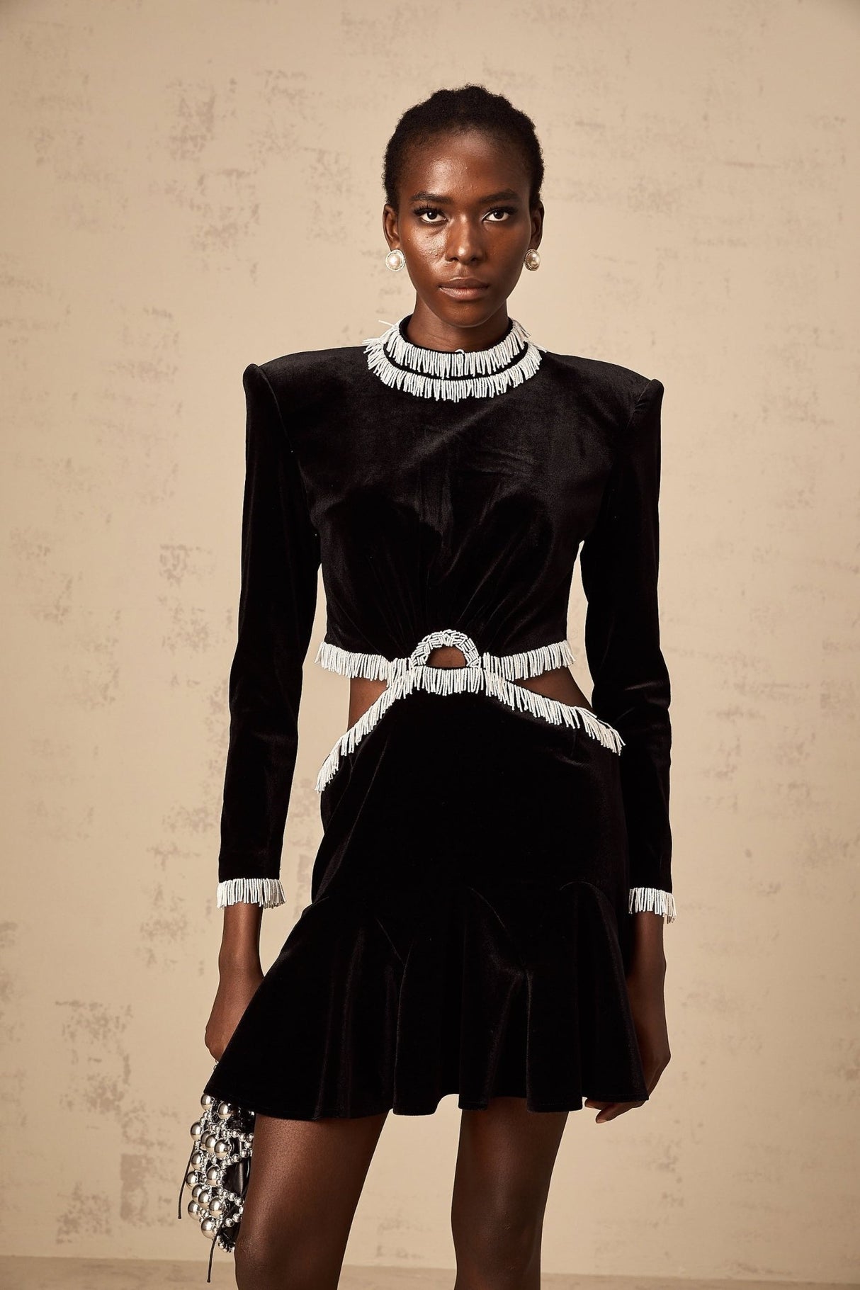Mabel Mini Dress Black Velvet Beaded Fringed Flare