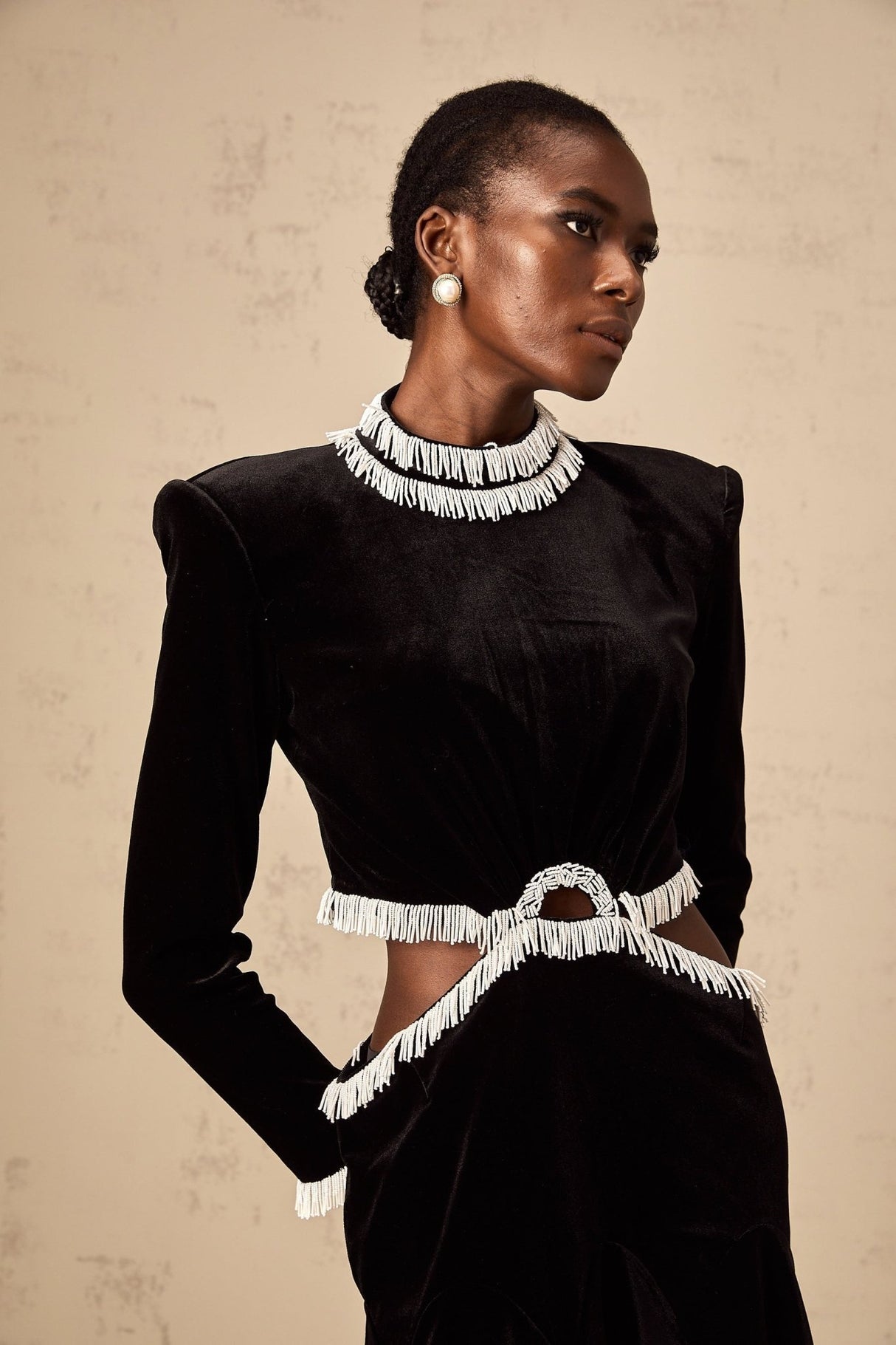 Mabel Mini Dress Black Velvet Beaded Fringed Flare