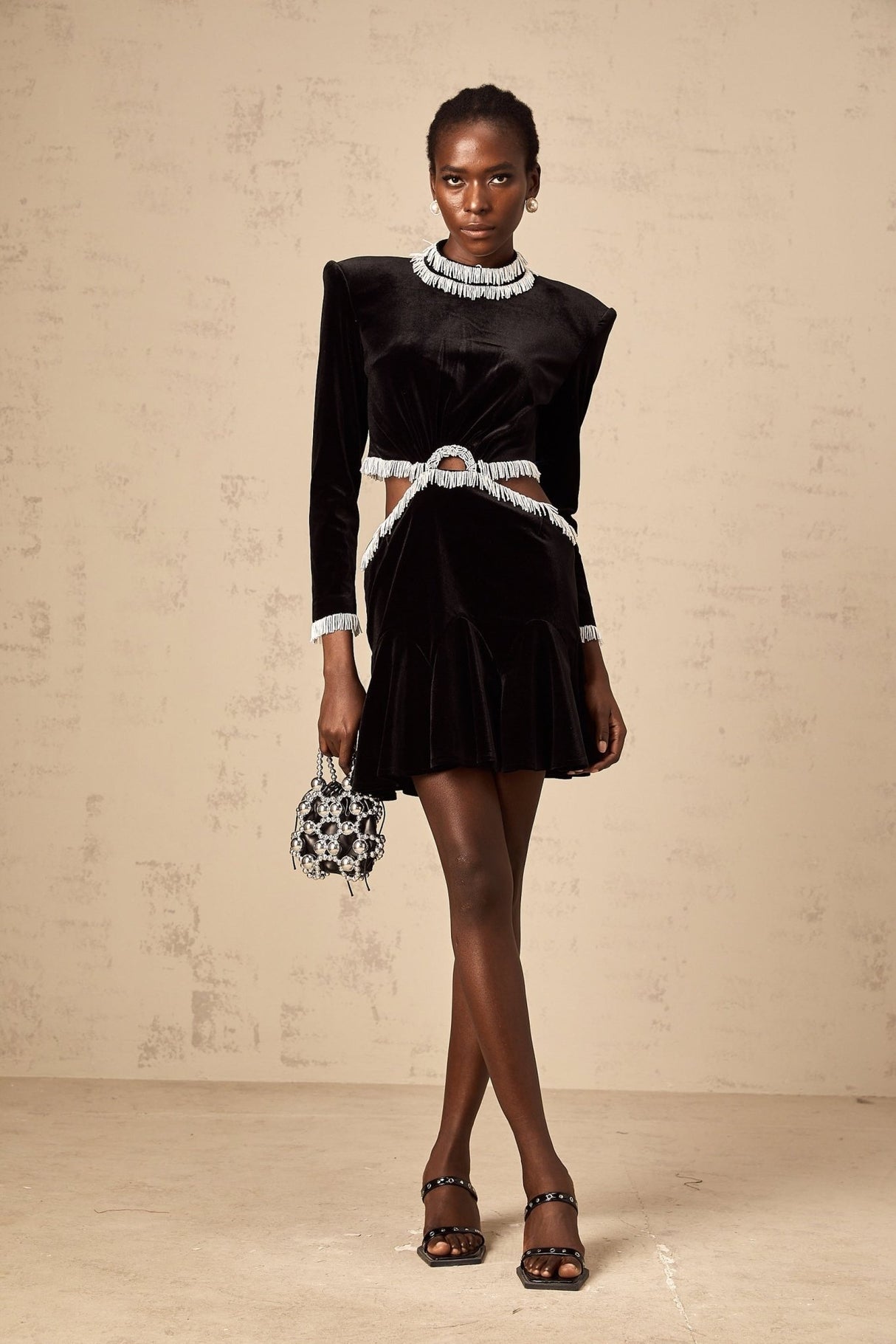 Mabel Mini Dress Black Velvet Beaded Fringed Flare