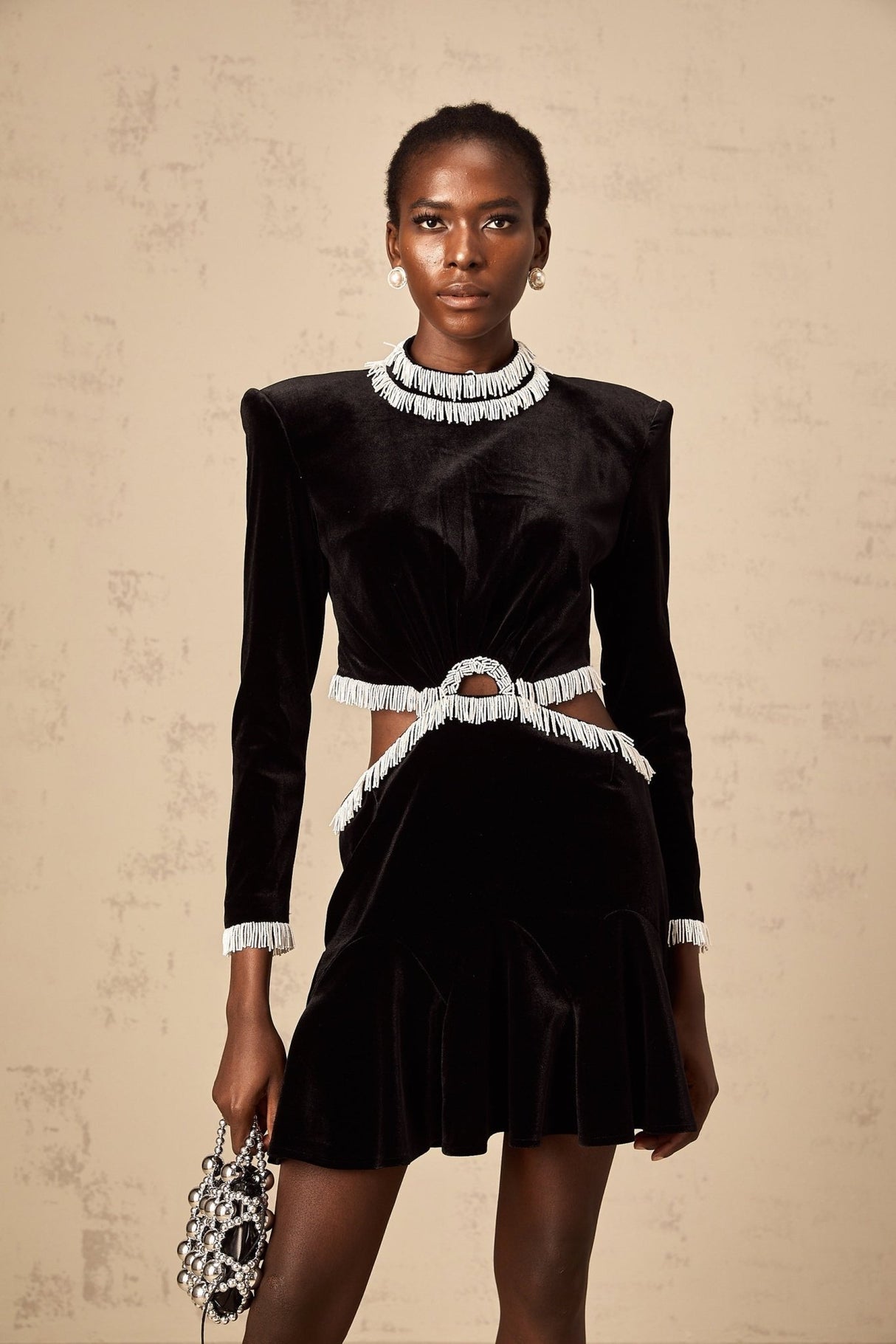 Mabel Mini Dress Black Velvet Beaded Fringed Flare