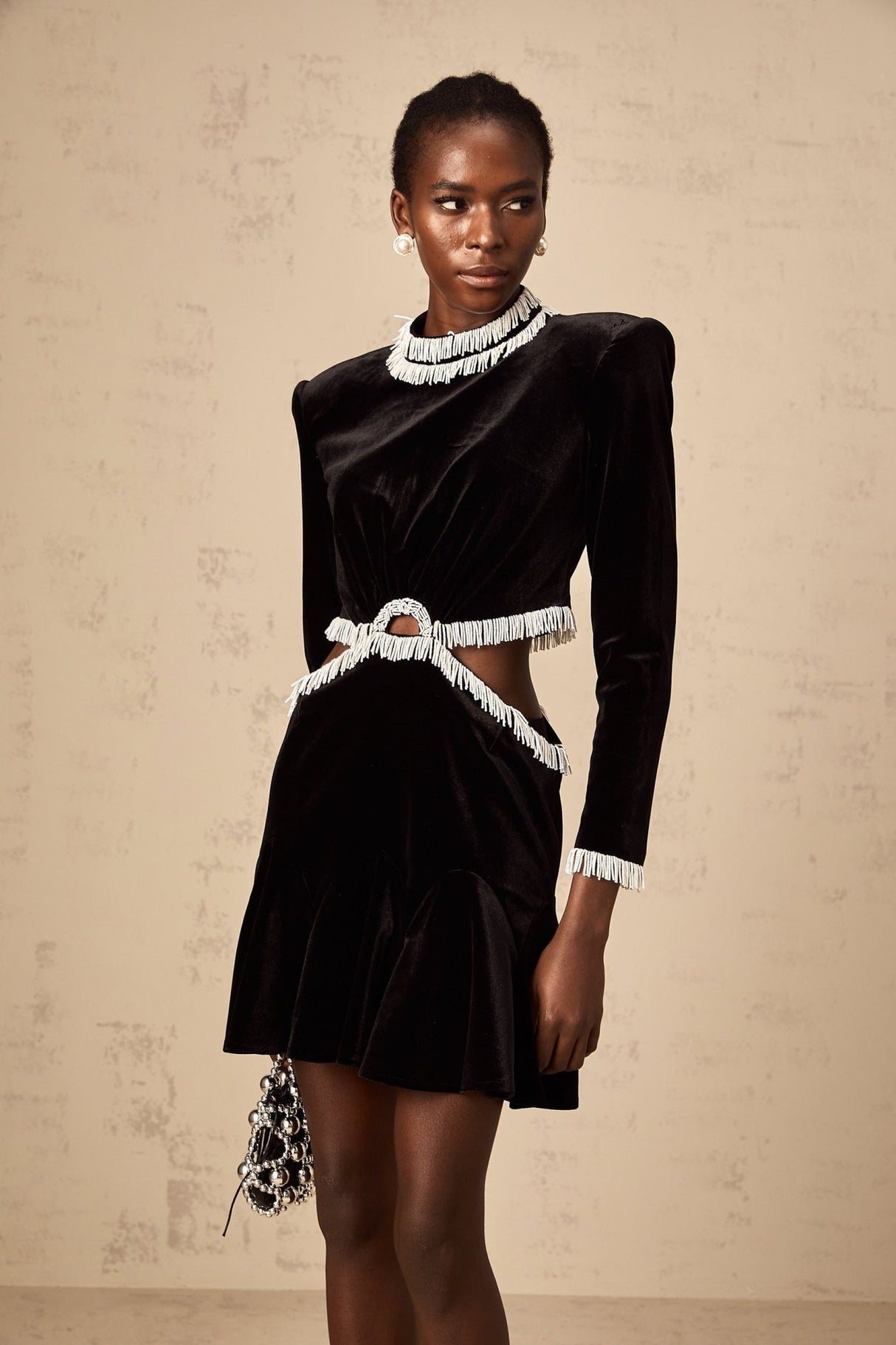 Mabel Mini Dress Black Velvet Beaded Fringed Flare
