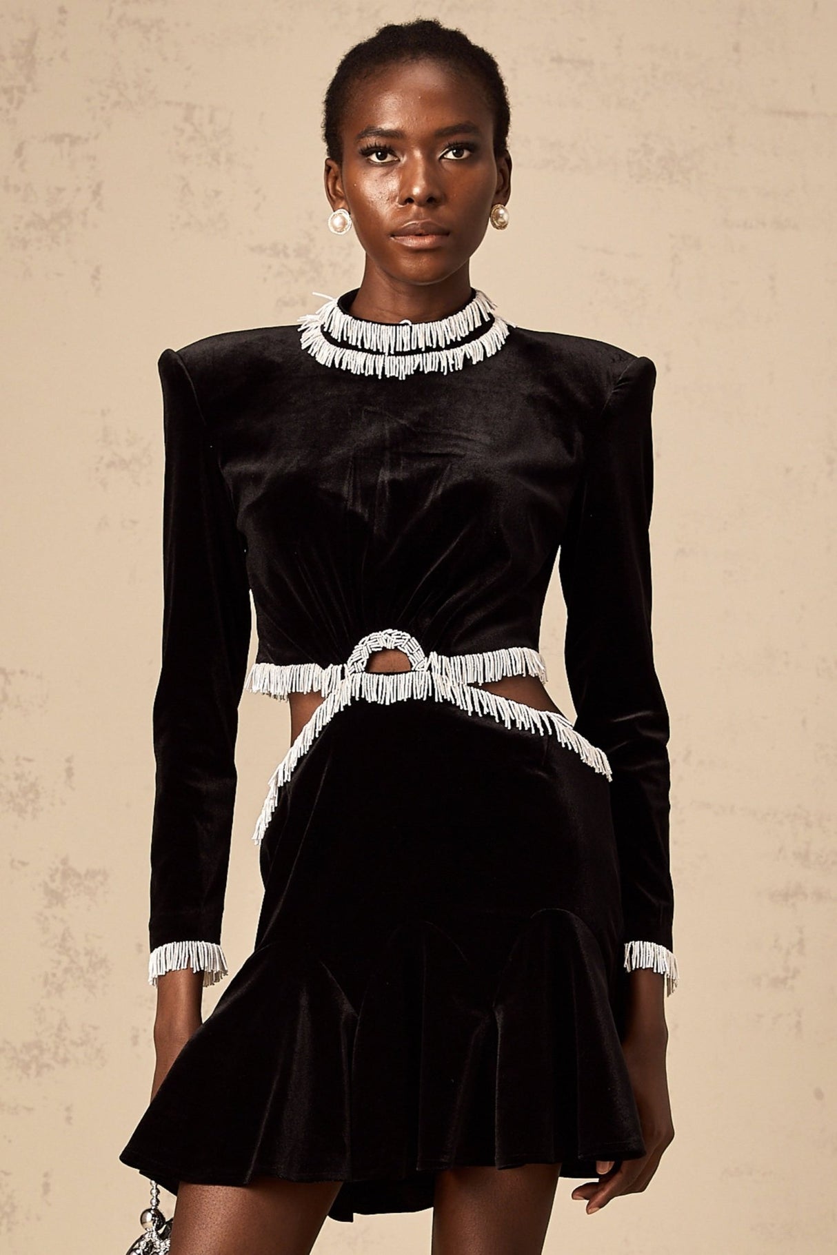 Mabel Mini Dress Black Velvet Beaded Fringed Flare