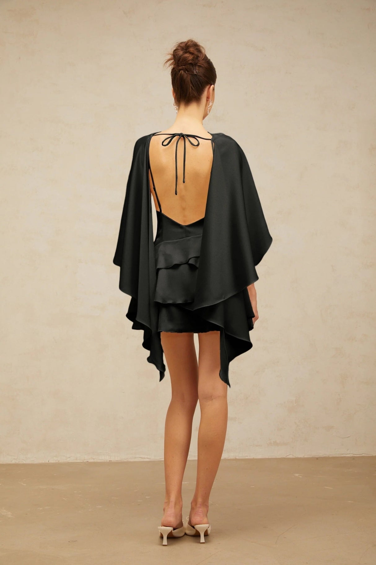Mabel Mini Dress Satin Ruffled Shawl Panel Black Thigh - Length
