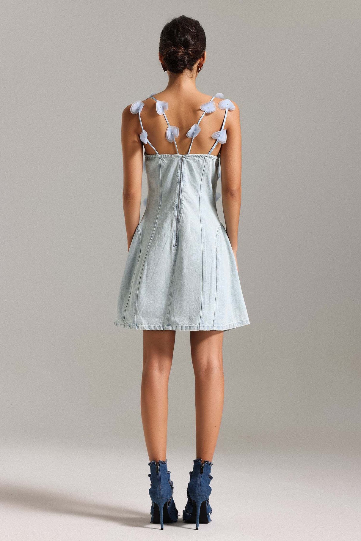 Mackenzie Light Blue Denim Halter Mini Dress with Heart Appliqués
