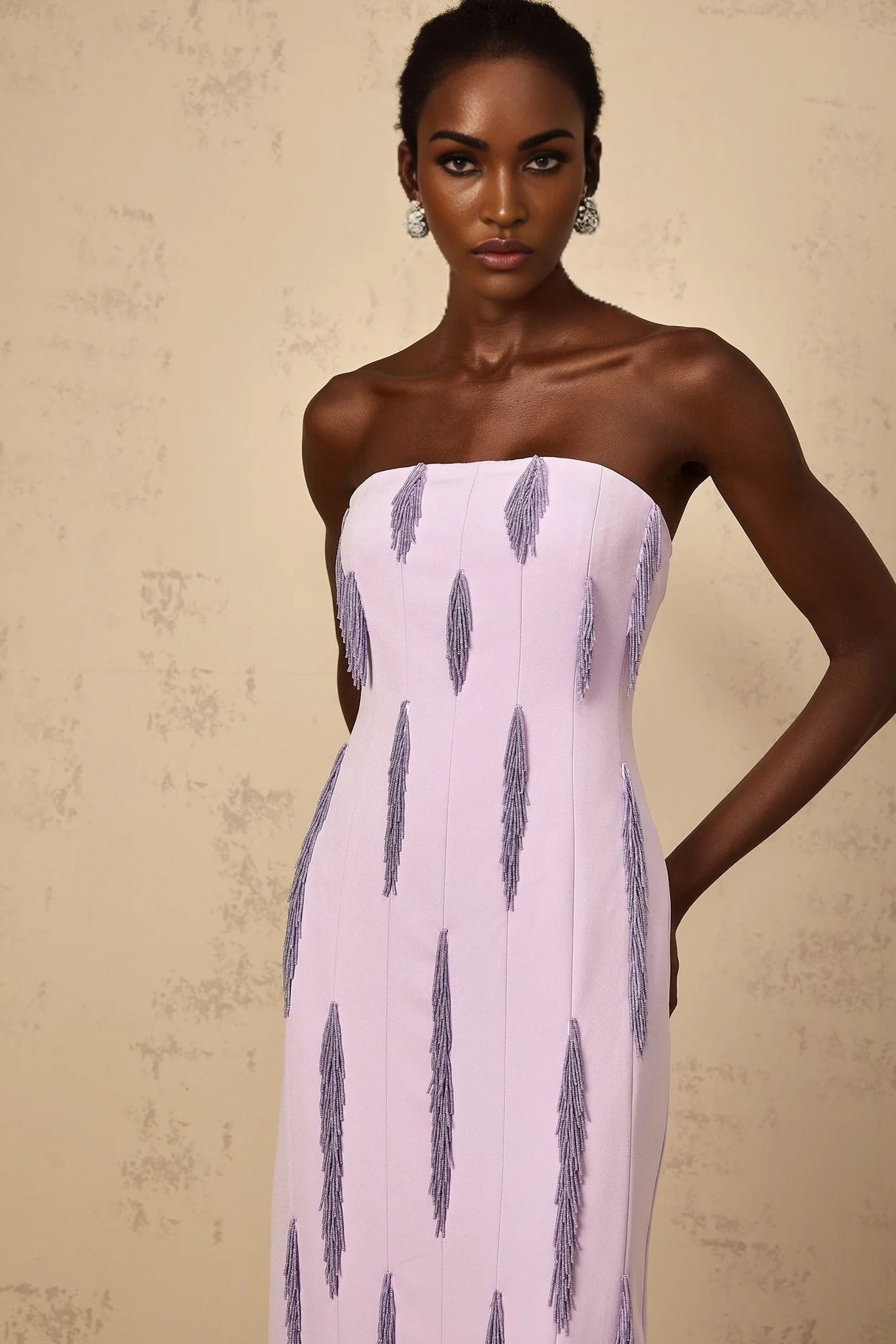 Mackenzie Maxi Dress Purple Beaded Fringe Detail & Back Slit