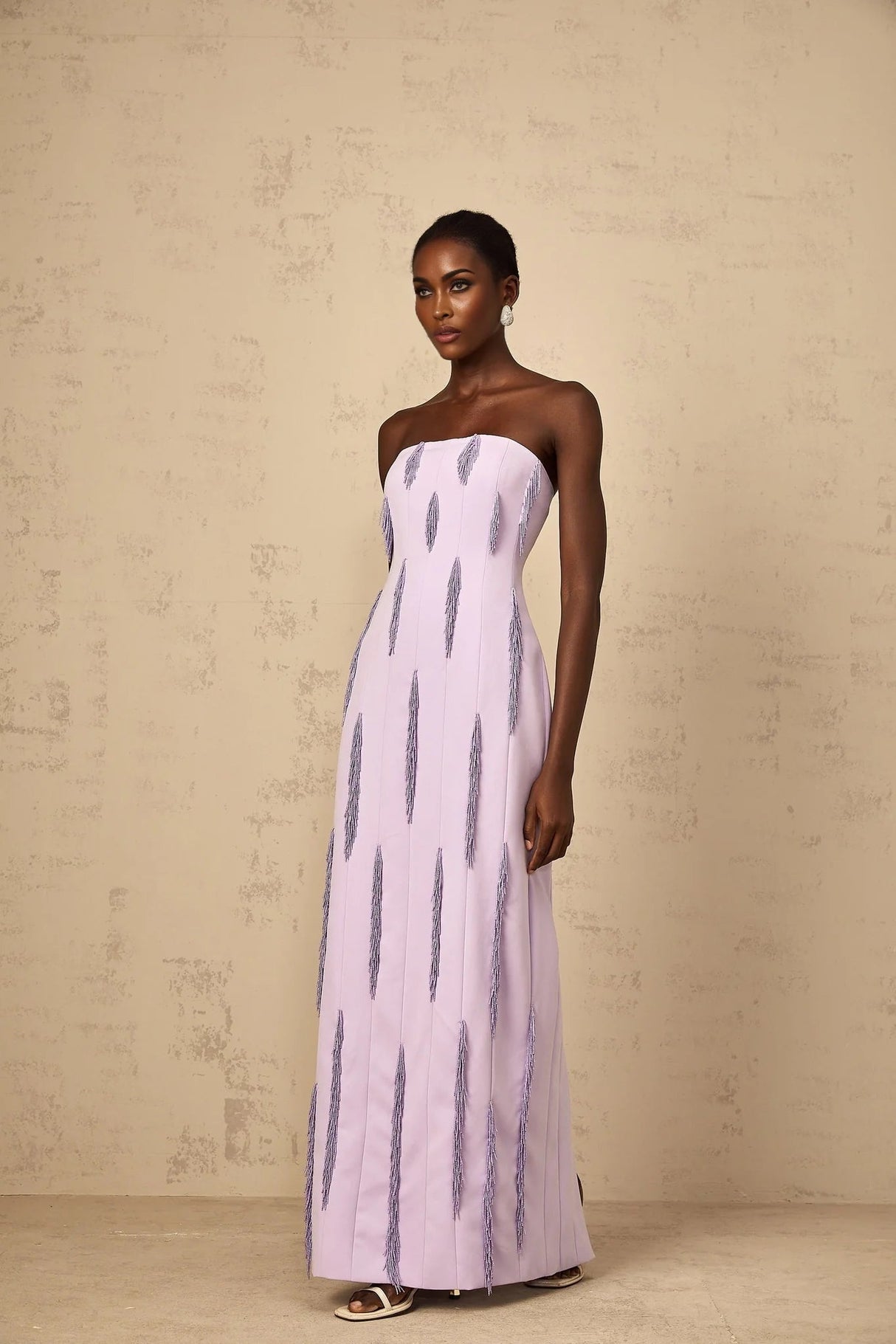 Mackenzie Maxi Dress Purple Beaded Fringe Detail & Back Slit