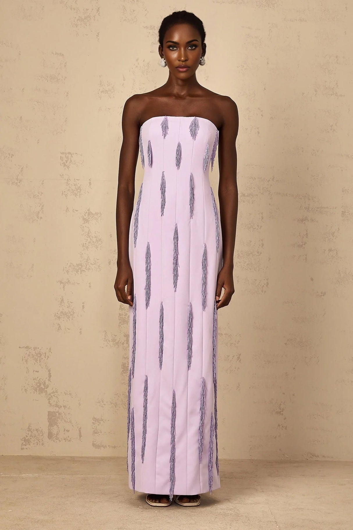 Mackenzie Maxi Dress Purple Beaded Fringe Detail & Back Slit