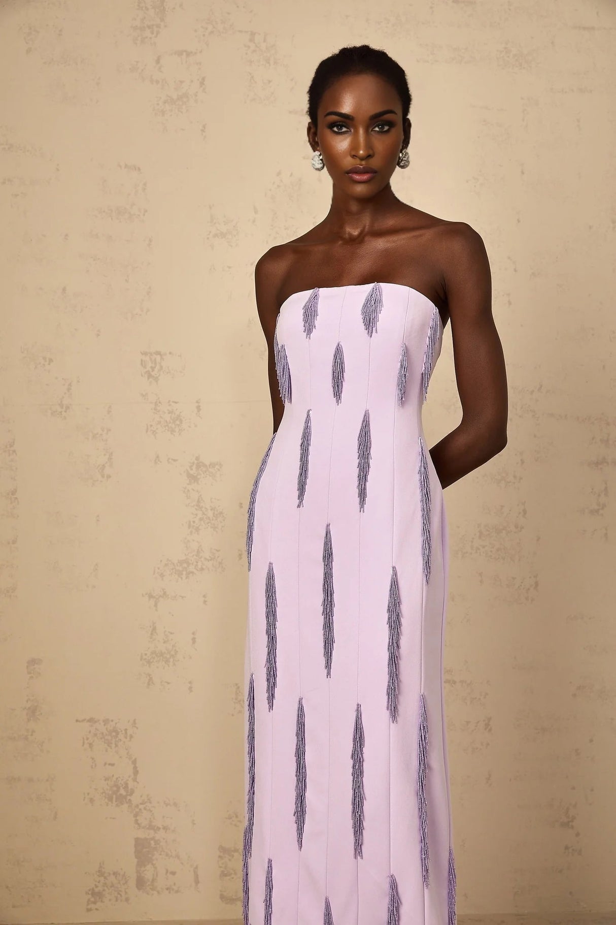 Mackenzie Maxi Dress Purple Beaded Fringe Detail & Back Slit