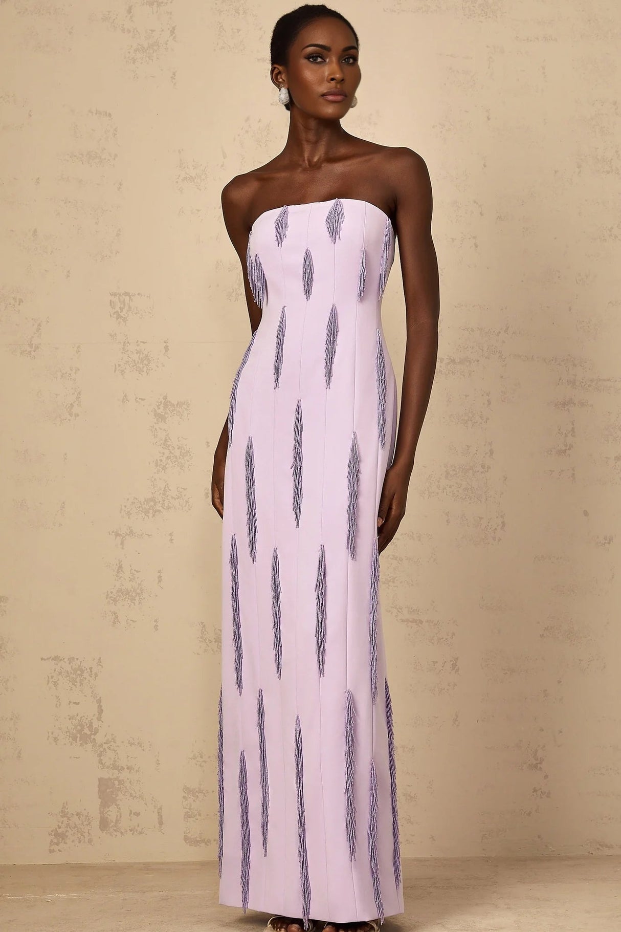 Mackenzie Maxi Dress Purple Beaded Fringe Detail & Back Slit
