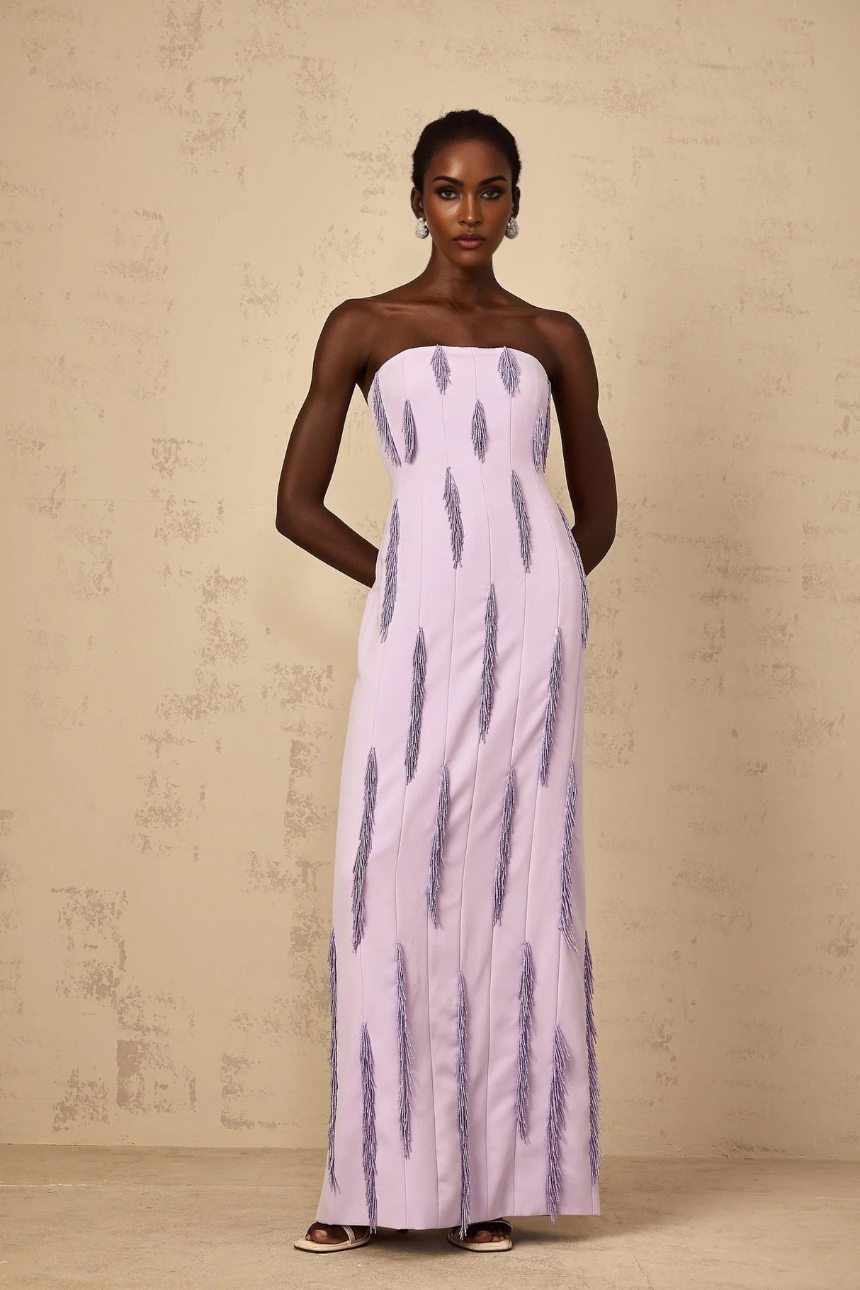 Mackenzie Maxi Dress Purple Beaded Fringe Detail & Back Slit