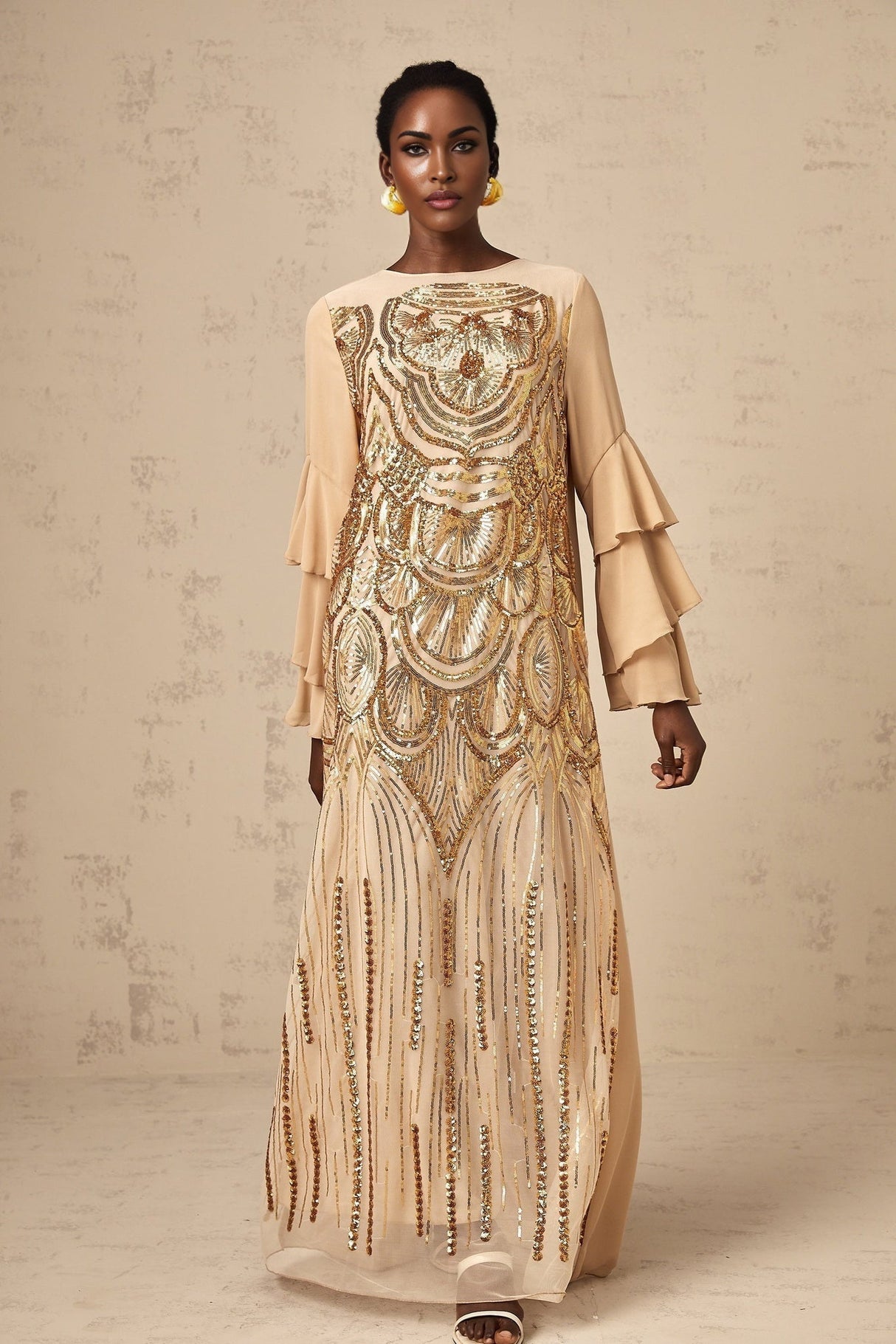 Mackenzie Maxi Dress – Round Neck – Long Ruffled Sleeves – Tulle Design